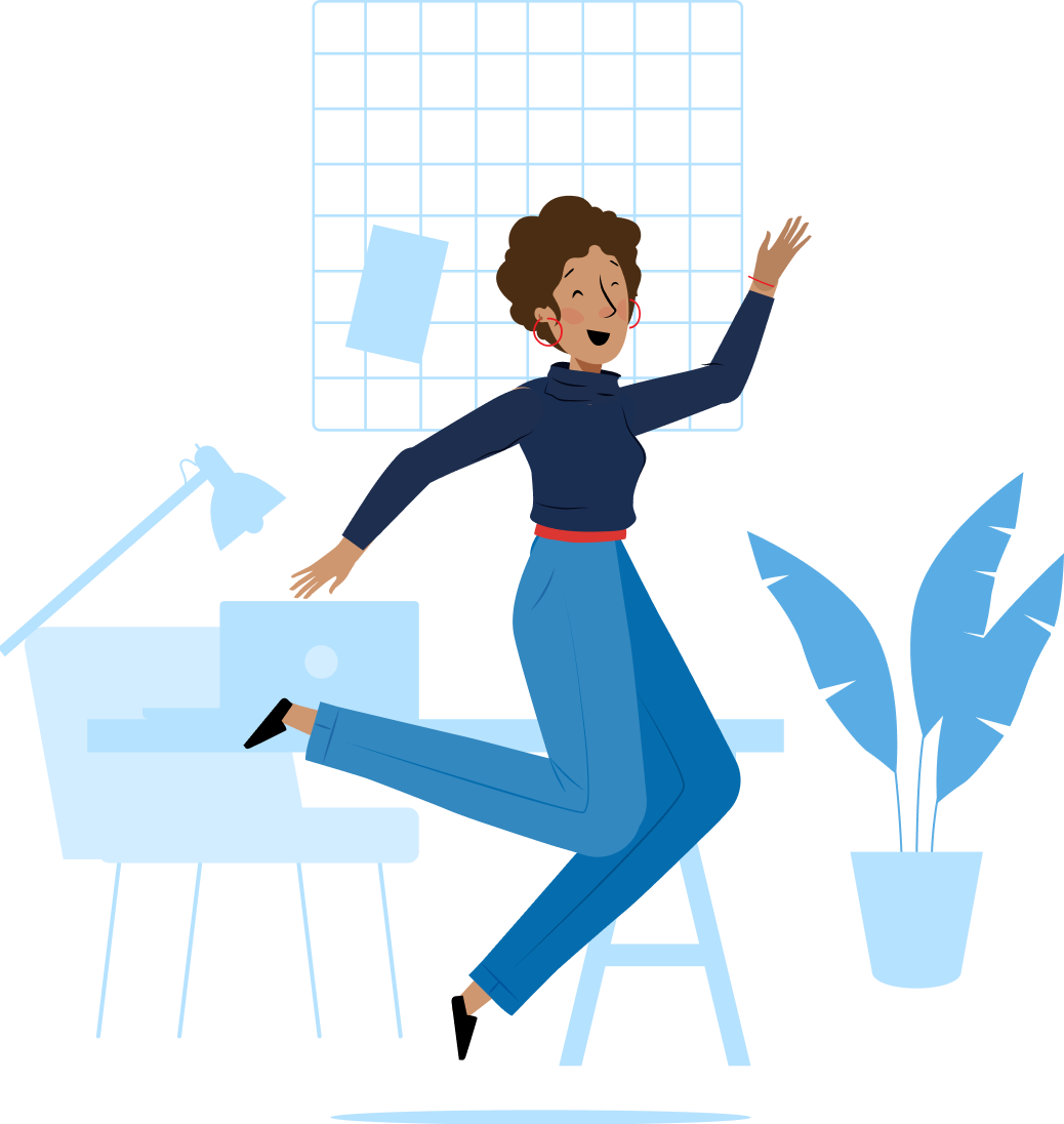 Ilustración de una mujer sonriente brincando frente a su escritorio.