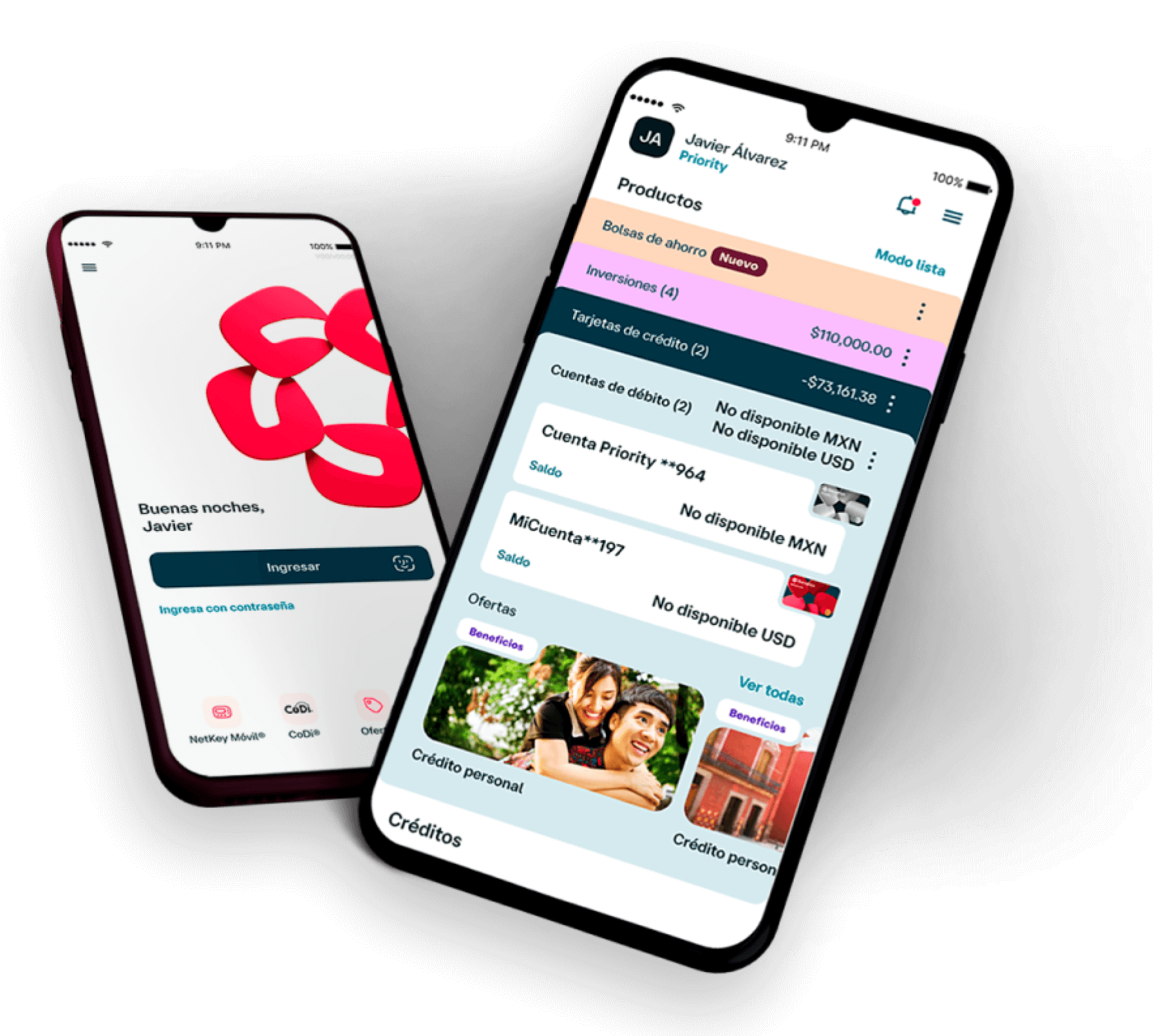 Dos celulares mostrando la app móvil de Banamex en sus pantallas.