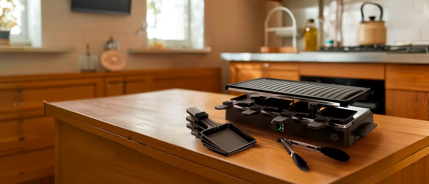 Parrilla eléctrica para cocinar sobre una mesa de madera, representando experiencias gastronómicas y beneficios de compra con Banamex.