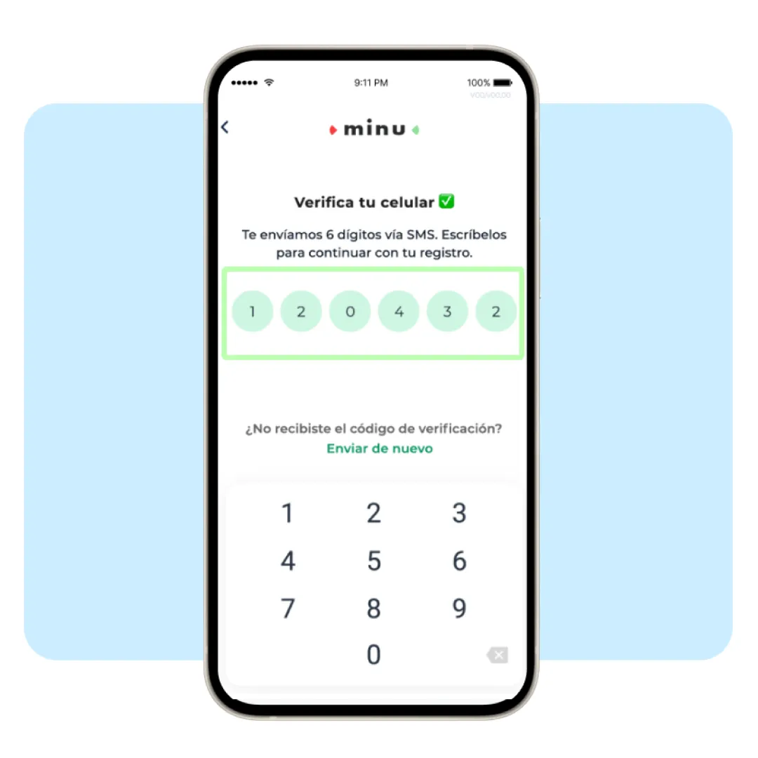Pantalla de Minu para verificar un número celular mediante código SMS como parte del proceso para solicitar un adelanto de ingresos.