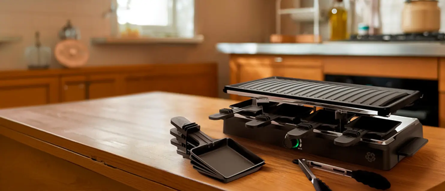 Parrilla eléctrica para cocinar sobre una mesa de madera, representando experiencias gastronómicas y beneficios de compra con Banamex.