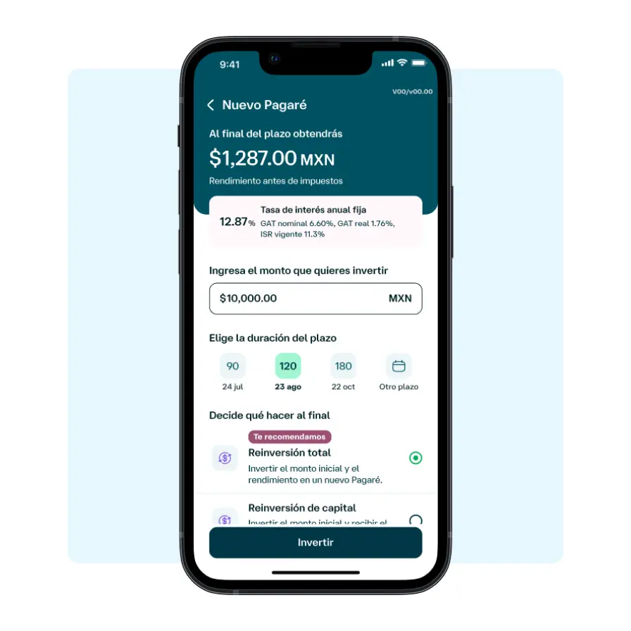 Pantalla de la app Banamex para contratar un pagaré, con monto de inversión, plazo seleccionado y rendimiento estimado al vencimiento.