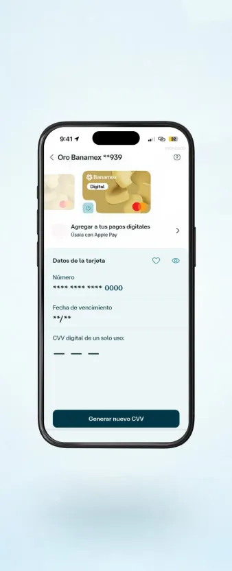 Un celular con la App Banamex abierta, mostrando los datos de la tarjeta de crédito digital.