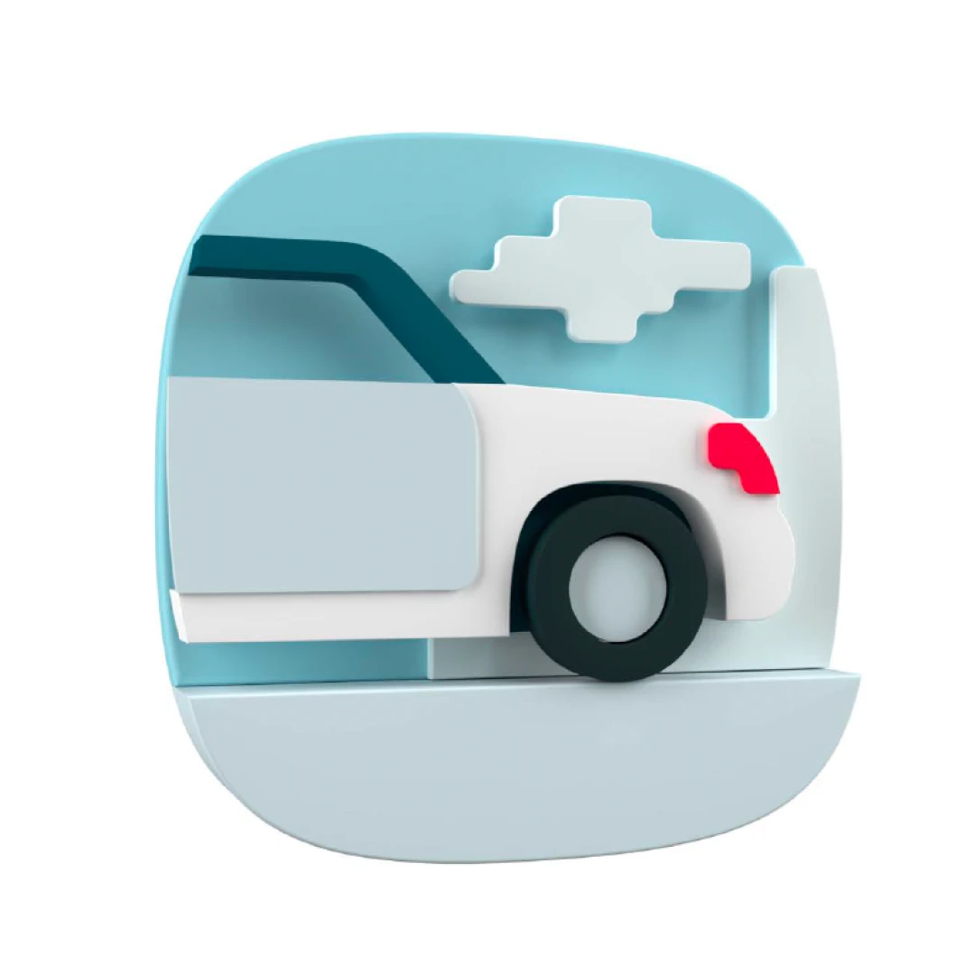 Ilustración de una ambulancia, representando asistencia médica de emergencia, traslado hospitalario y protección para imprevistos de salud.