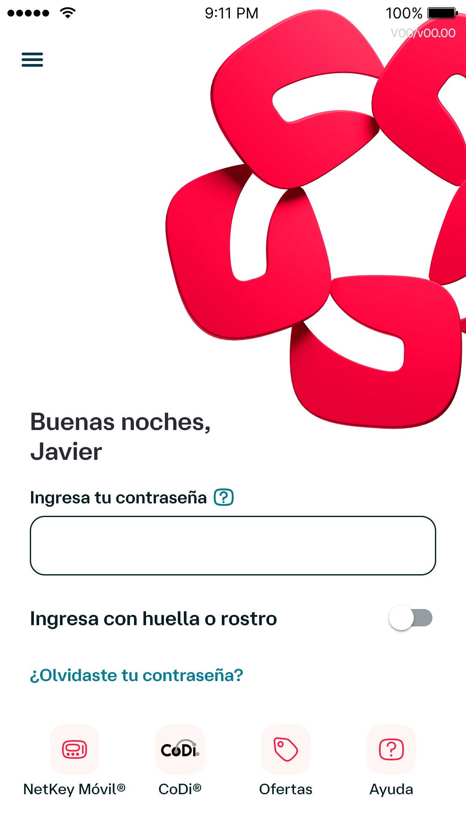 Pantalla de inicio de sesión en la App Banamex, donde se solicita ingresar la contraseña o usar huella o reconocimiento facial.