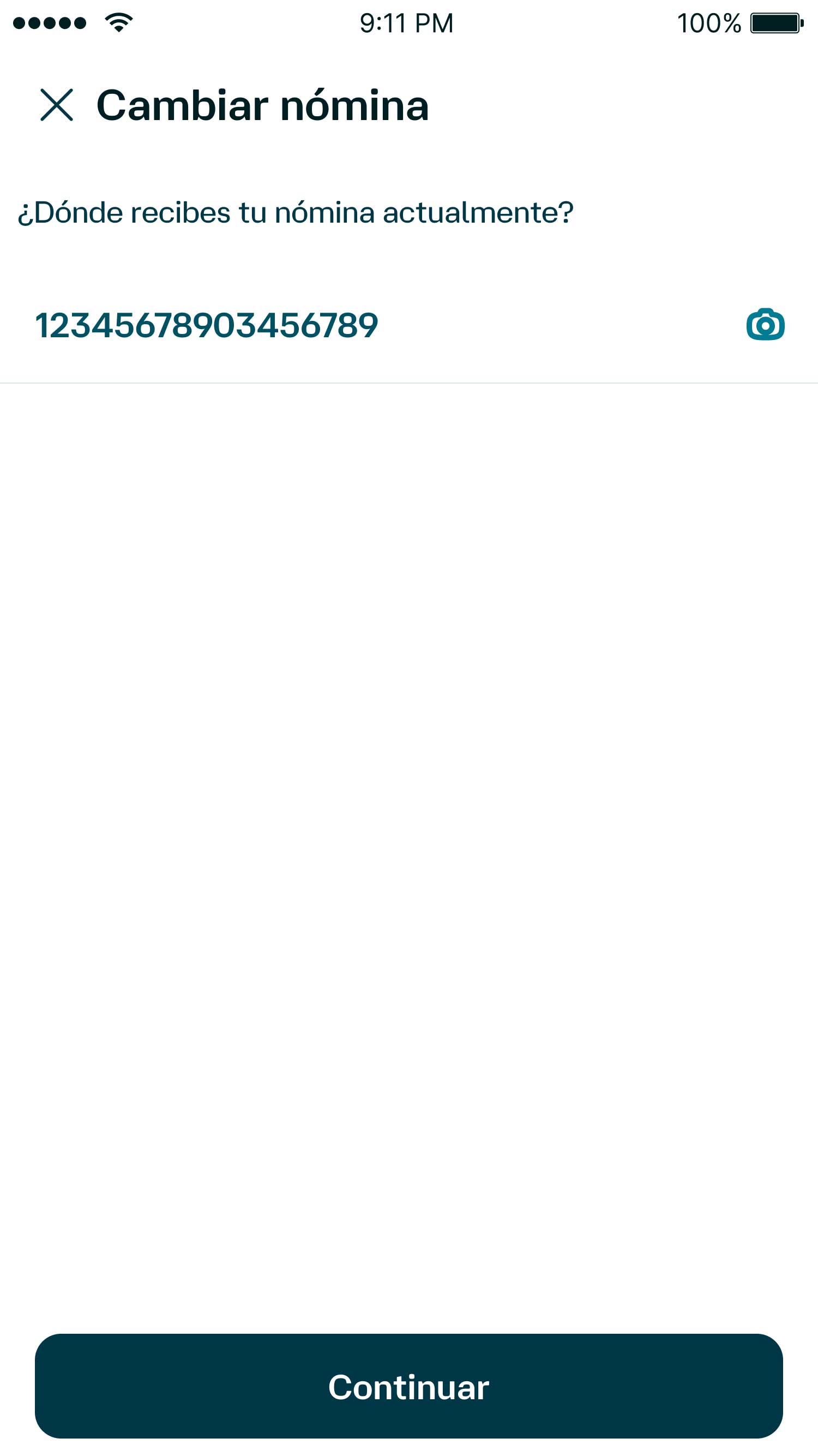 Pantalla de la App Banamex con la opción de poner el número de tarjeta donde el usuario recibe su nómina actualmente.