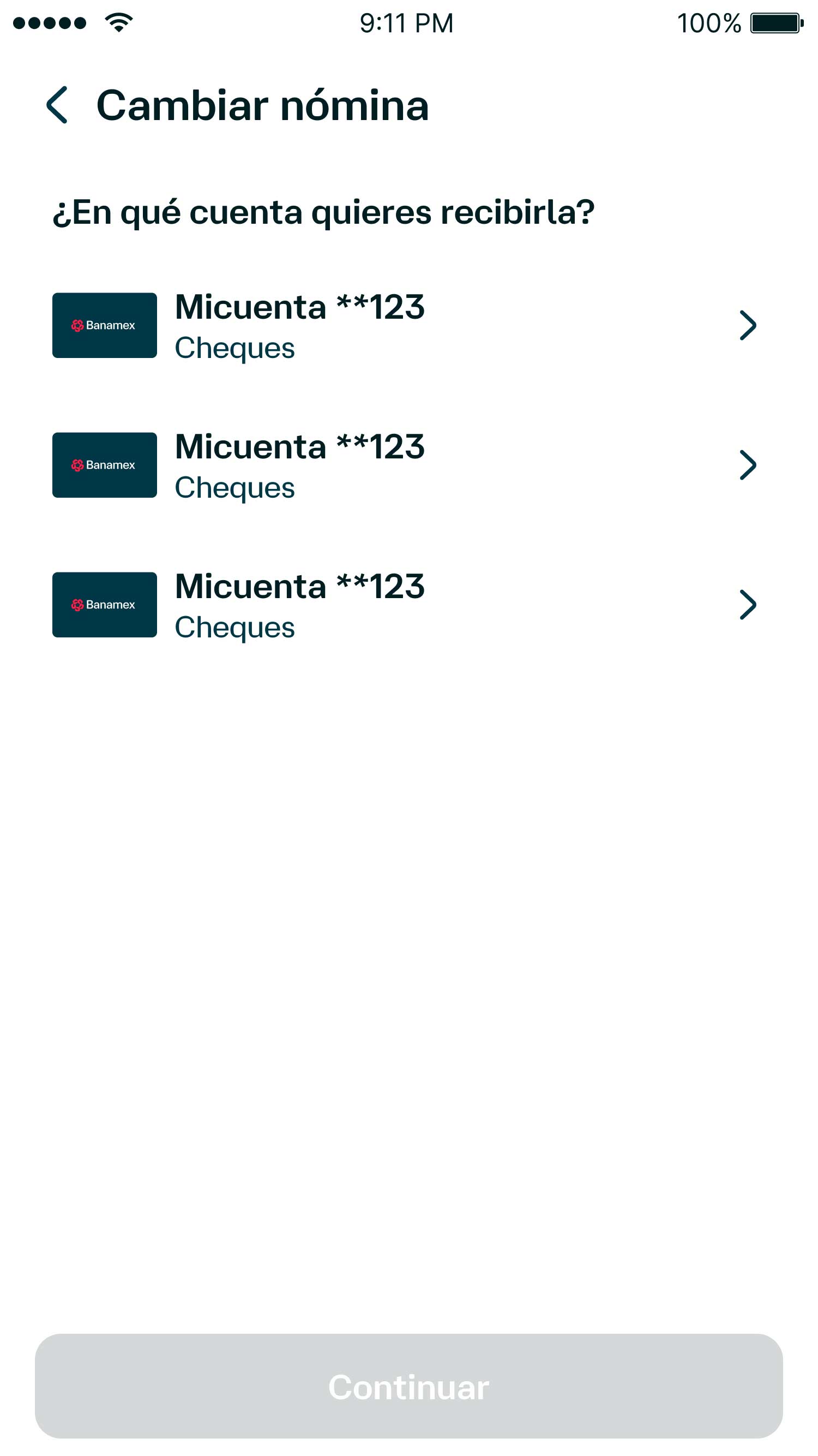 Pantalla de la App Banamex en la sección de portabilidad de nómina para seleccionar la cuenta donde el usuario quiere recibir su nómina.