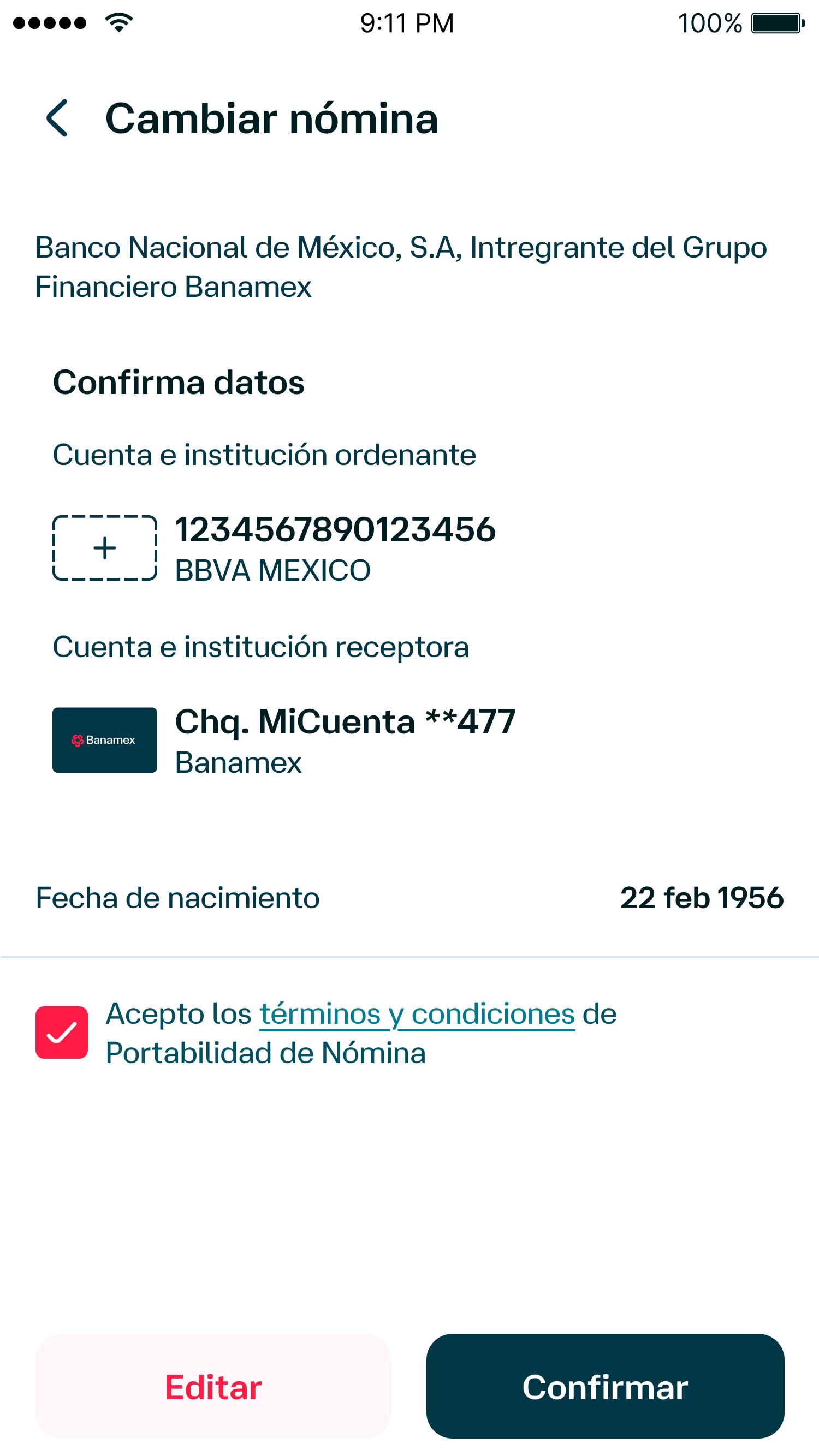 Pantalla de la App Banamex con los datos ingresados visibles para hacer el cambio de nómina.
