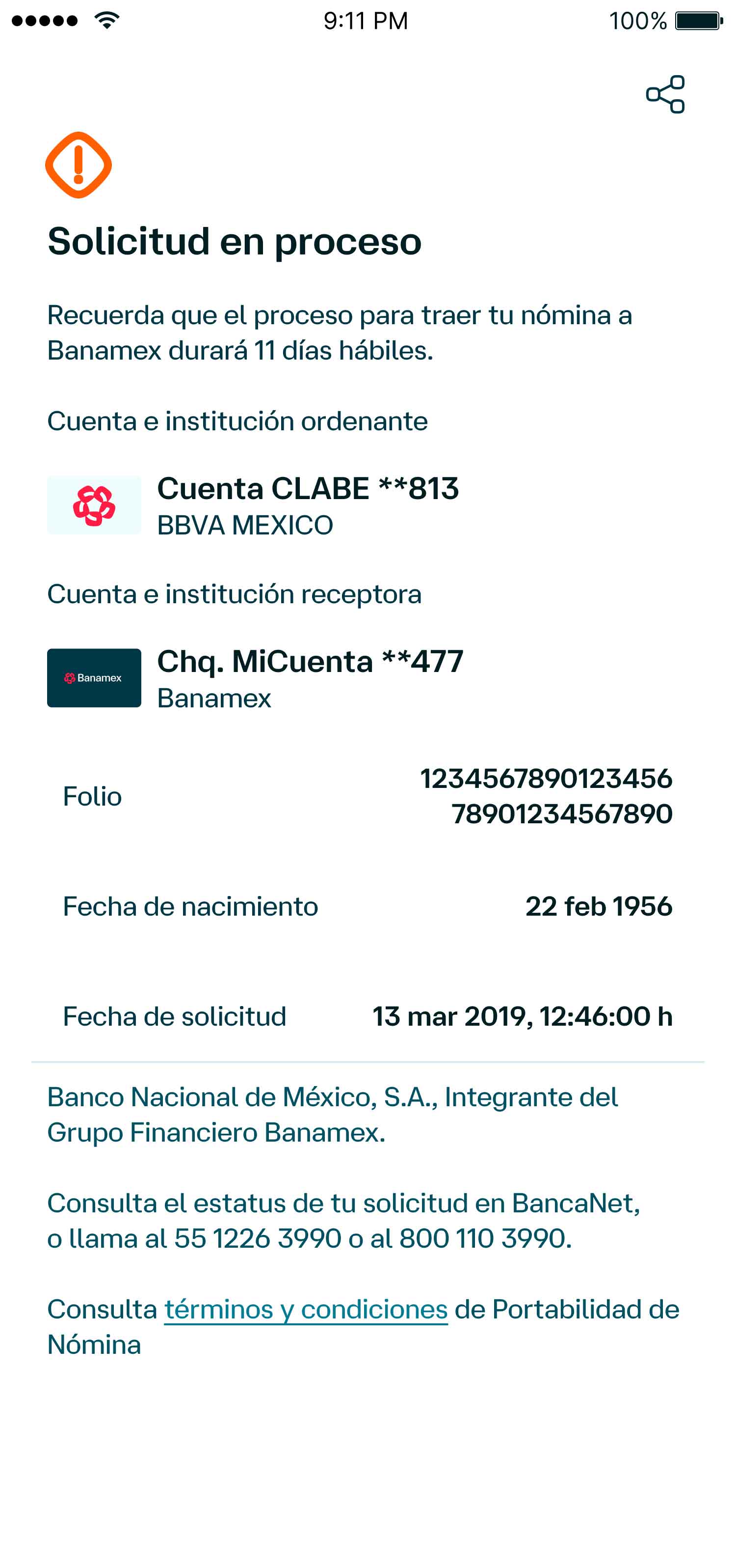 Pantalla de la App Banamex en donde se muestra la solicitud de portabilidad de nómina en proceso.