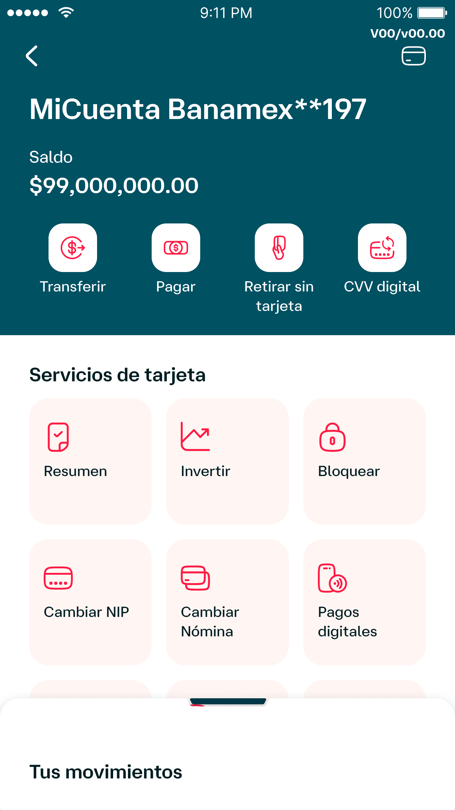 Pantalla de de la App Banamex mostrando opciones de Servicios de tarjeta, con el botón 'Cambiar Nómina' visible.