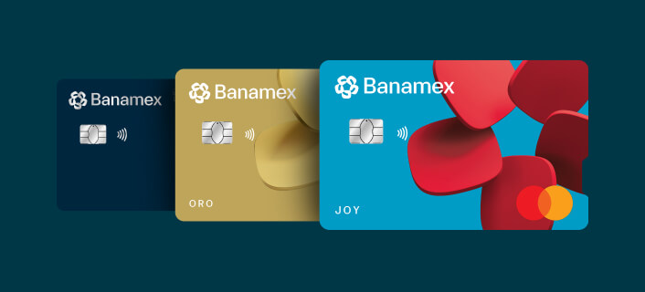 Abánico de tarjetas de crédito Clásica, Oro y Joy con chip, dispuestas en perspectiva horizontal.