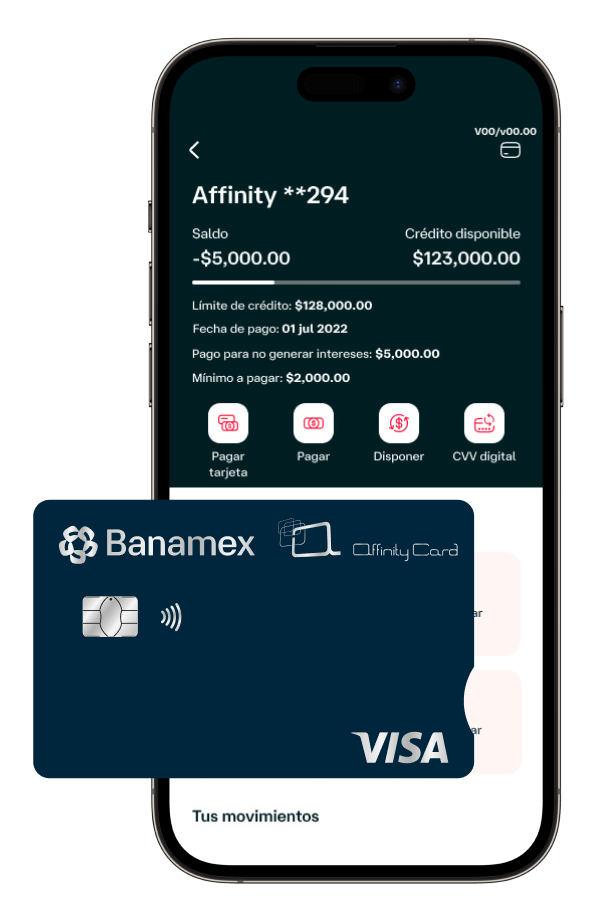 La pantalla de un celular mostrando la App Banamex y al frente la tarjeta de crédito Affinity Card.