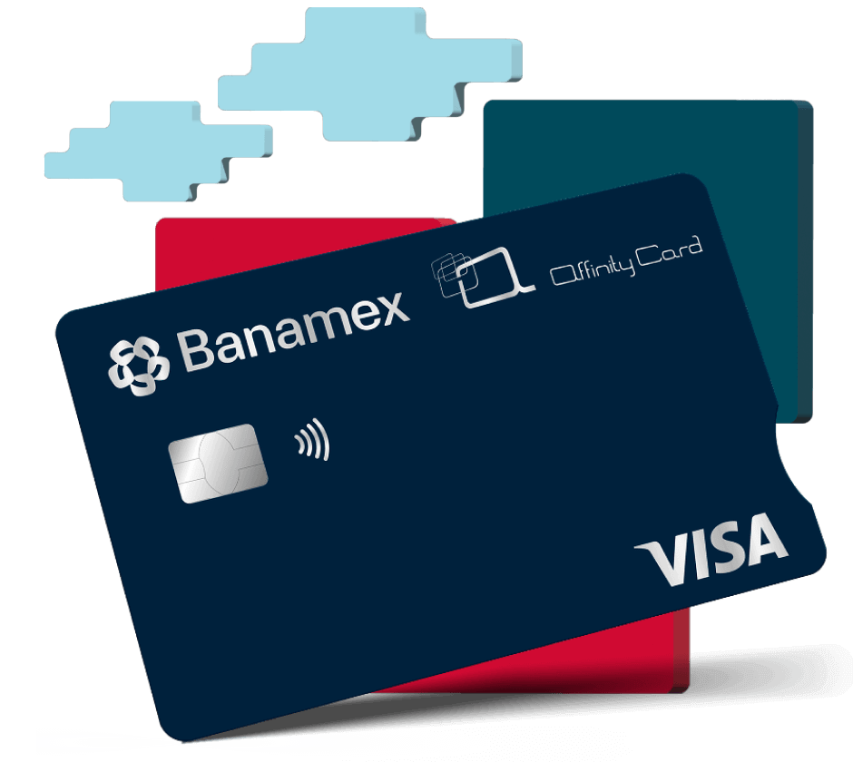 La Tarjeta de Crédito Affinity Card con fondo de ilustraciones de nubes y formas geométricas.
