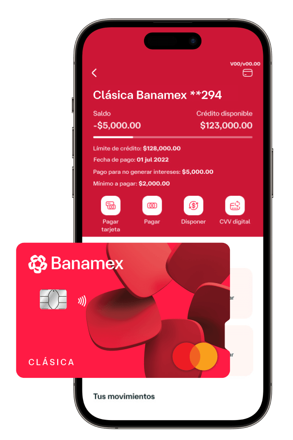 Ilustración de la Tarjeta de crédito Clásica Banamex frente a la pantalla de un celular.