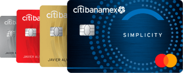 Abánico de tarjetas de crédito Platinum, Clásica, Oro y Simplicity dispuestas en perspectiva horizontal.