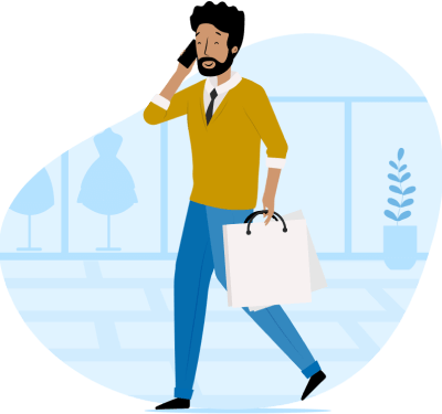 Ilustración de hombre hablando por teléfono mientras sostiene bolsas de compras.
