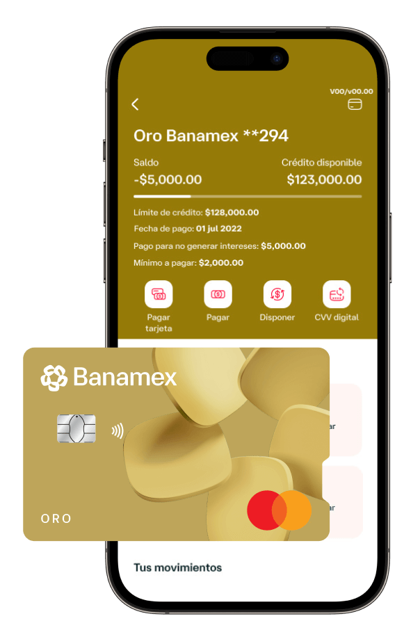 Tarjeta de Crédito Oro Banamex frente a un celular con la app Banamex abierta.