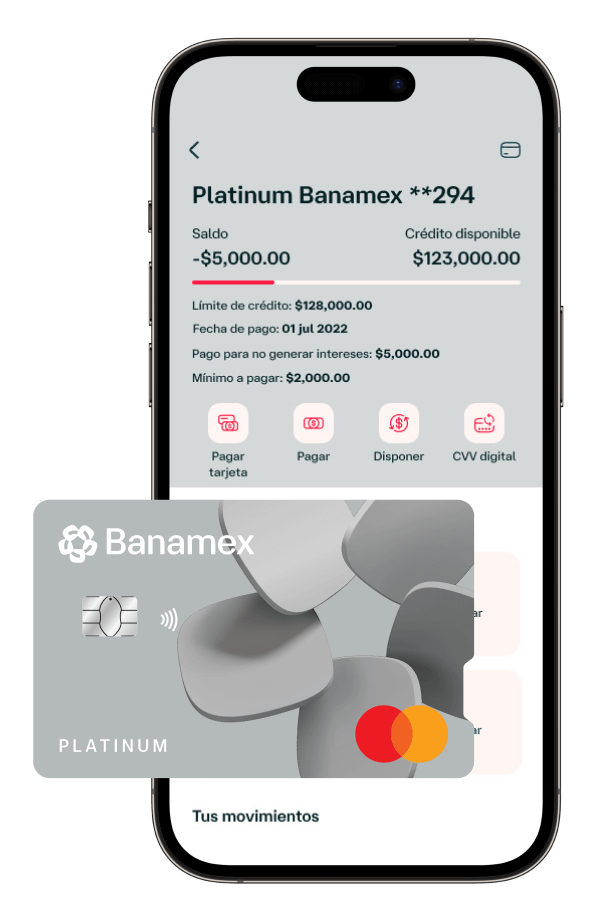 Tarjeta de Crédito Platinum Banamex frente a un celular con la app Banamex abierta.