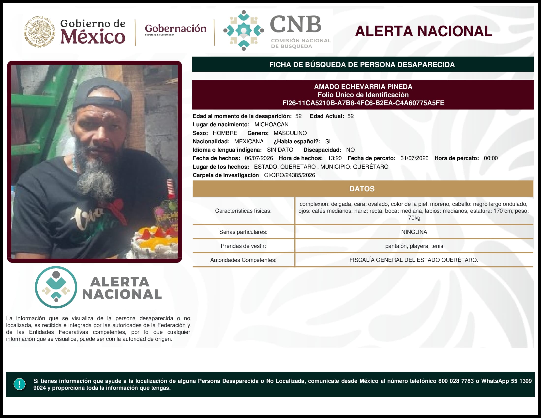 Persona desaparecida Amado Echevarria Pineda