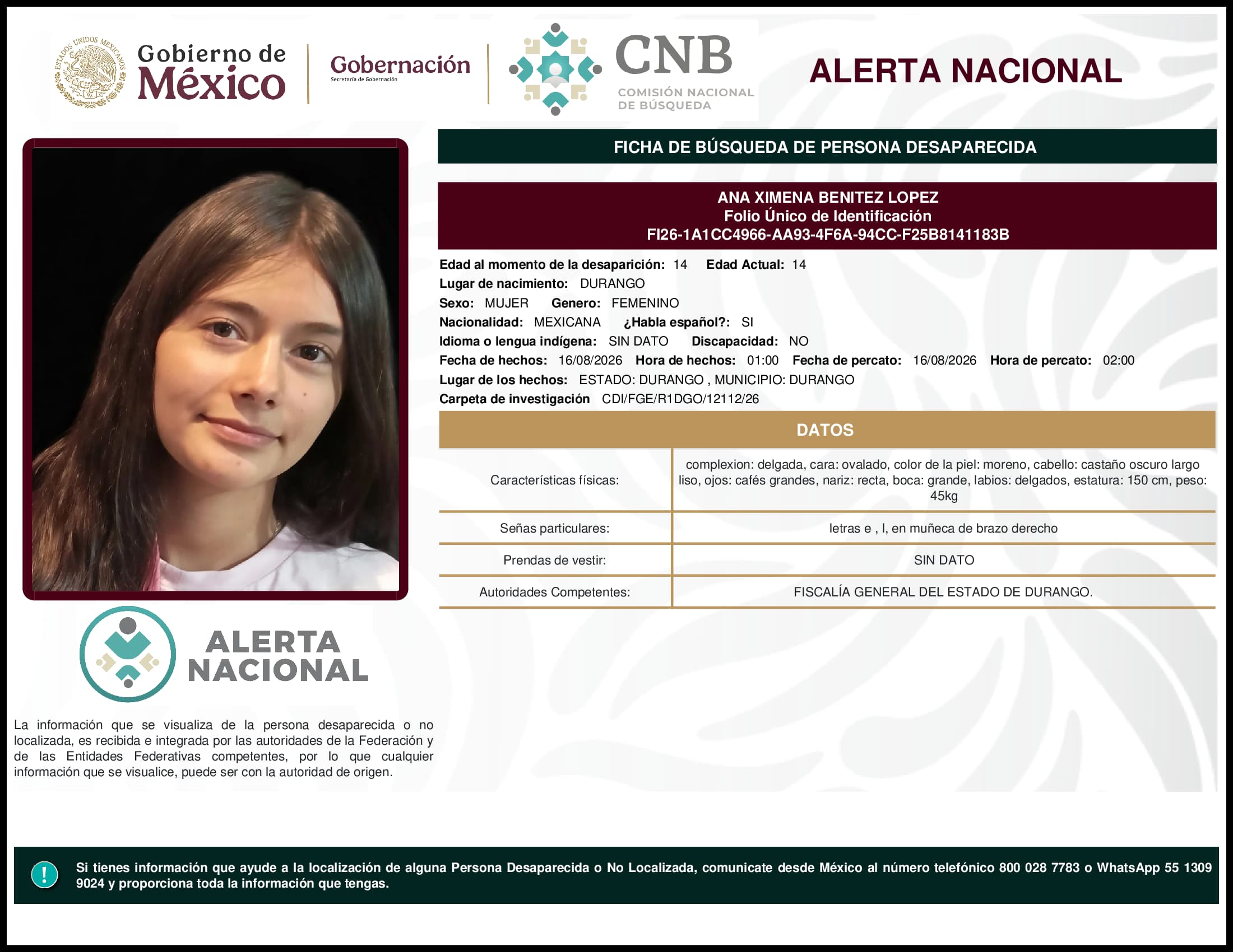 Persona desaparecida Ana Ximena Benitez Lopez