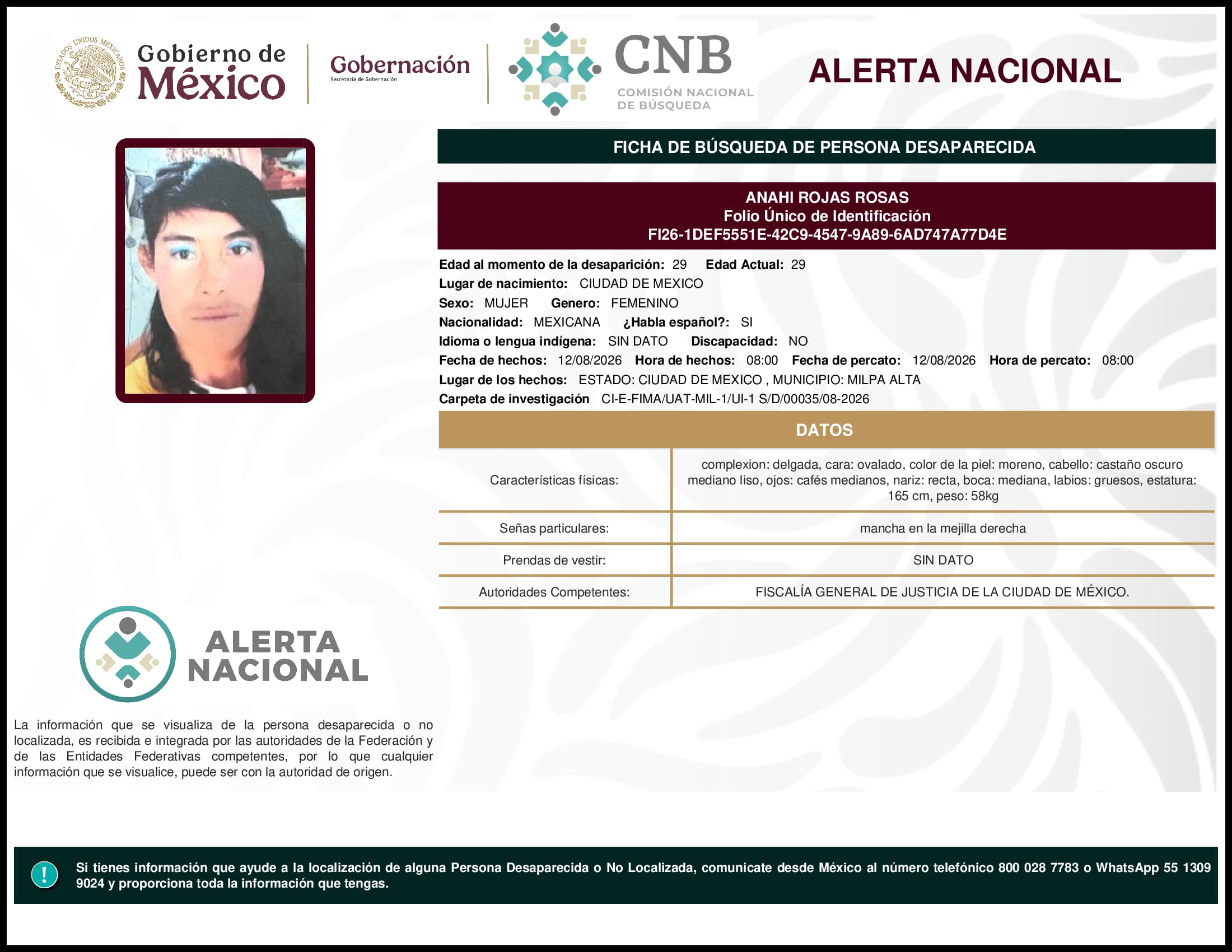 Persona desaparecida Anahi Rojas Rosas