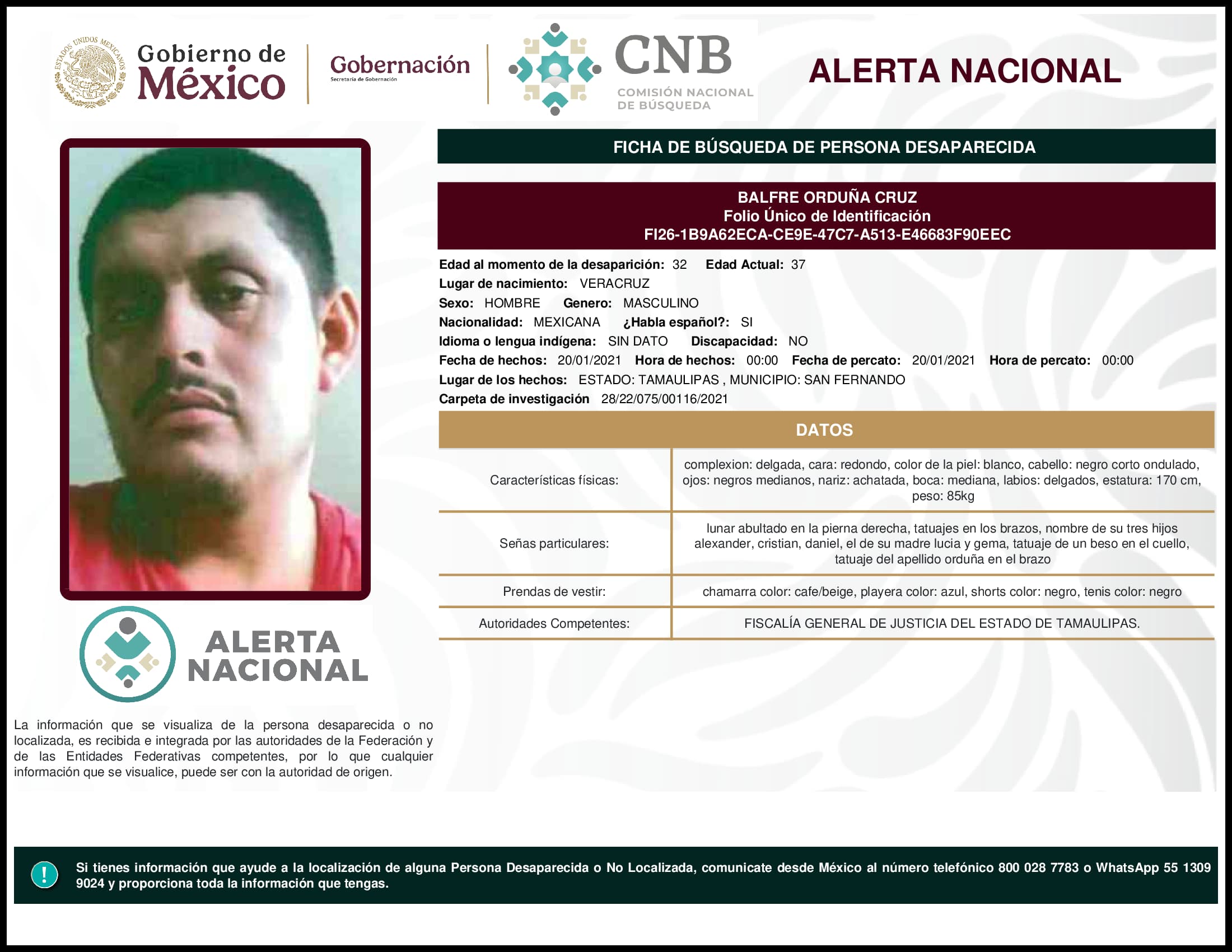 Persona desaparecida Balfre Orduna Cruz