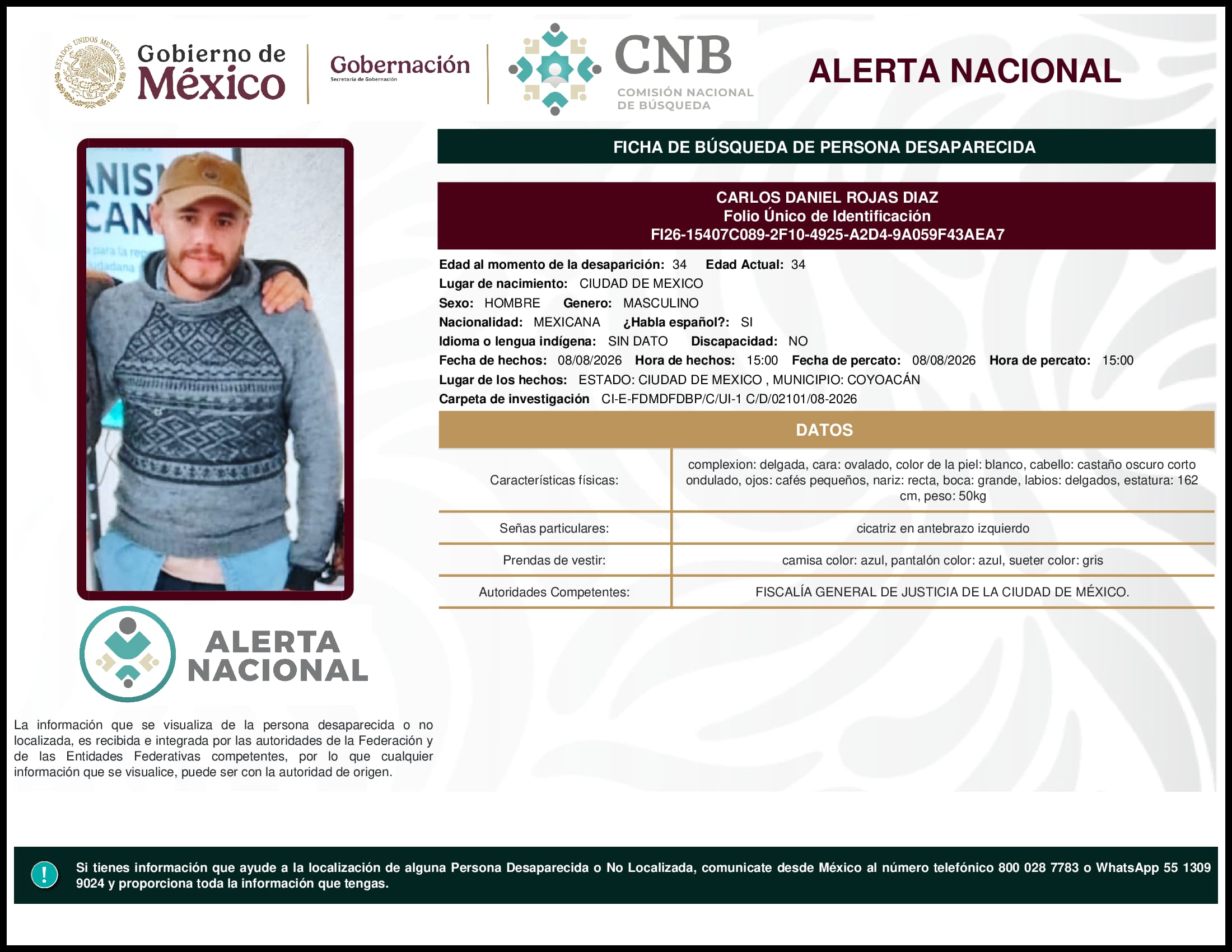 Persona desaparecida Carlos Daniel Rojas Diaz