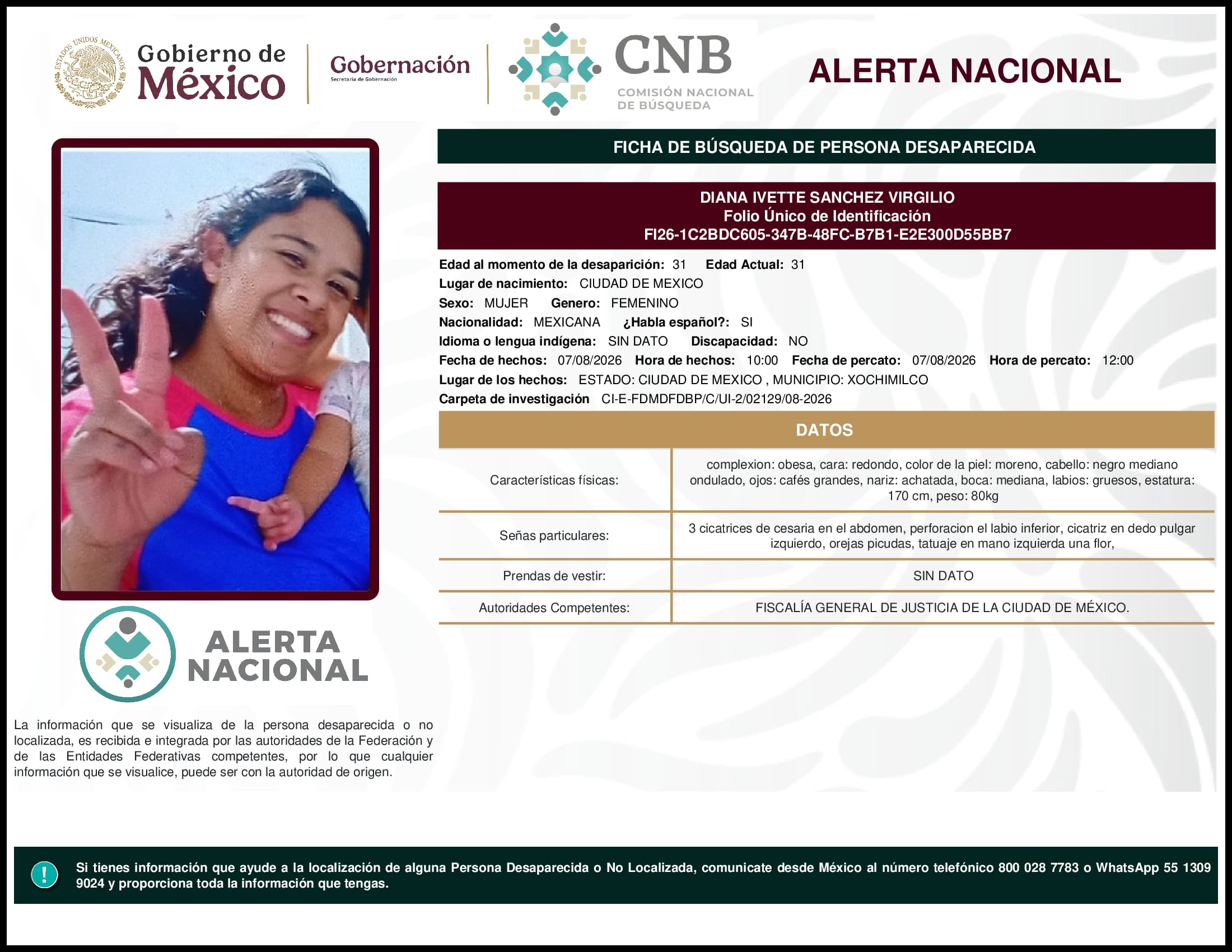Persona desaparecida Diana Ivette Sanchez Virgilio