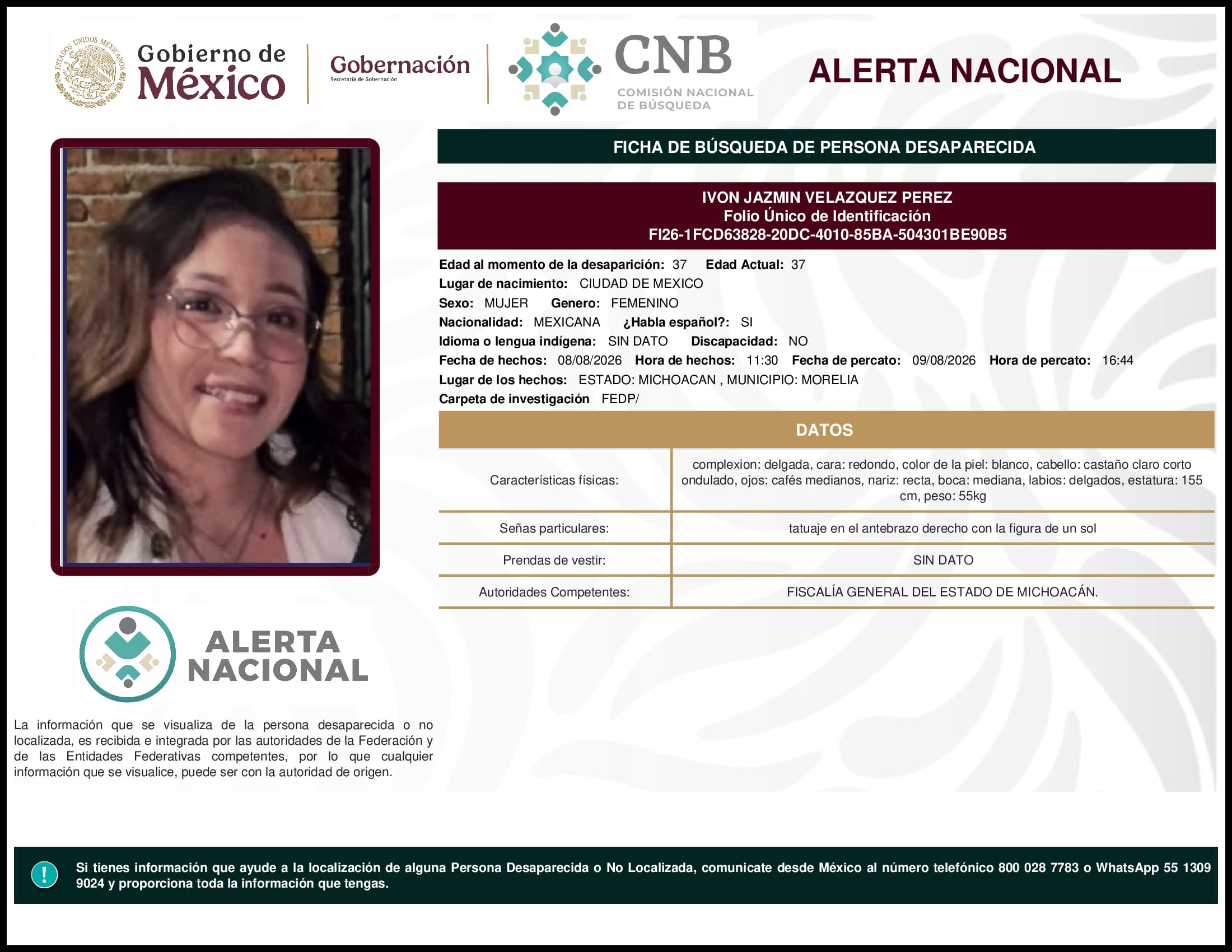 Persona desaparecida Ivon Jazmin Velazquez Perez