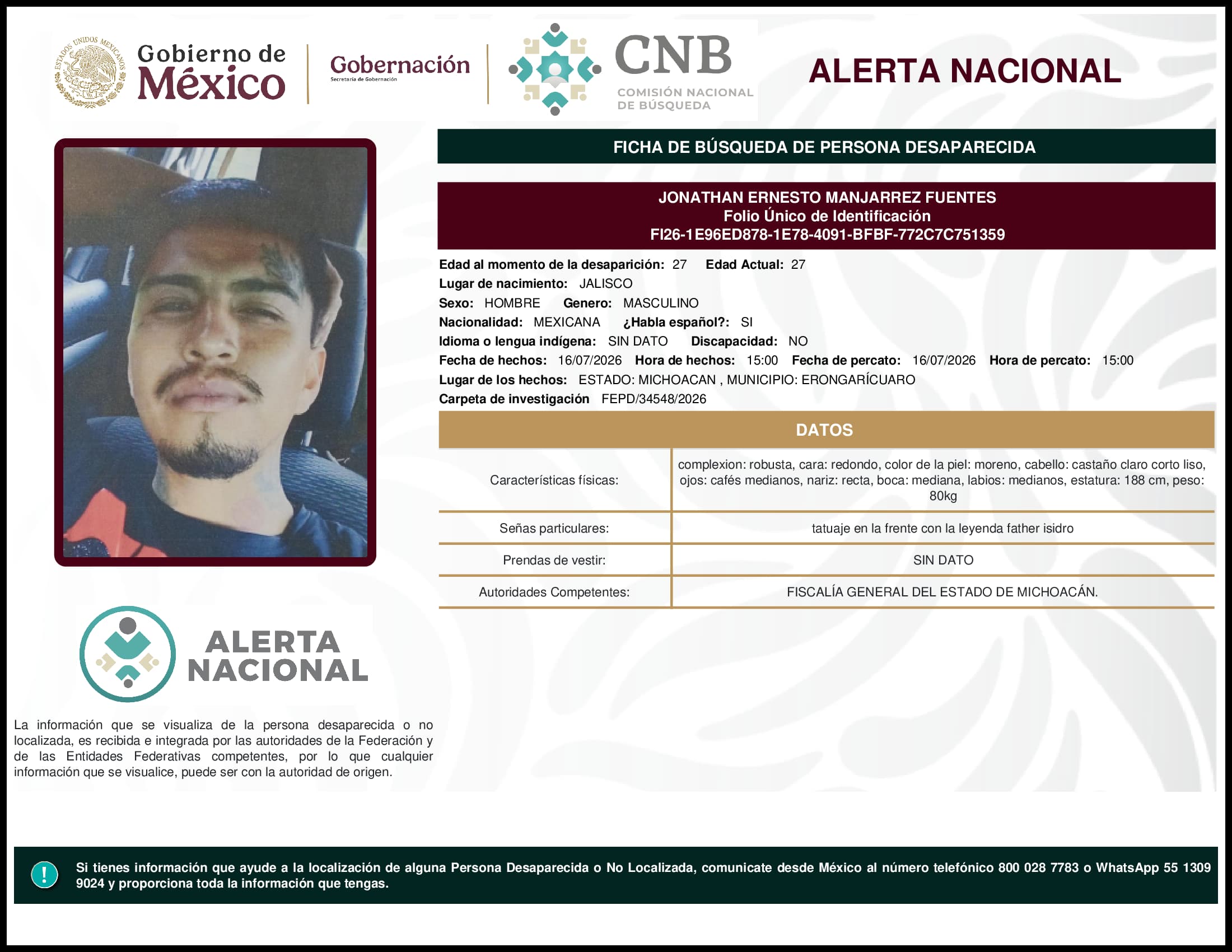 Persona desaparecida Jonathan Ernesto Manjarrez Fuentes