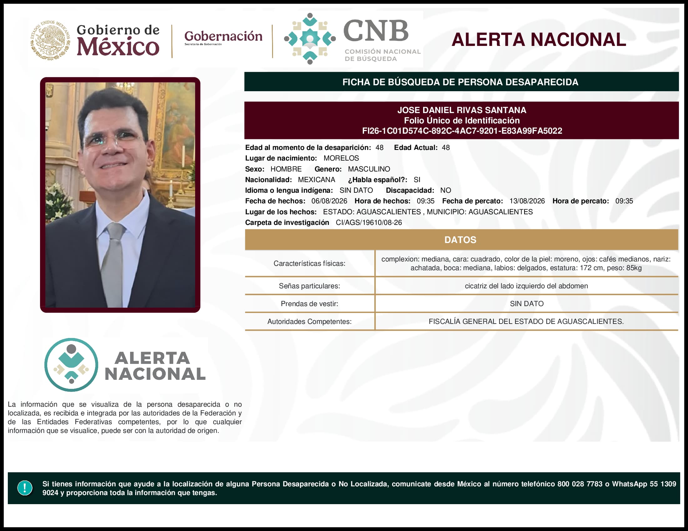 Persona desaparecida Jose Daniel Rivas Santana