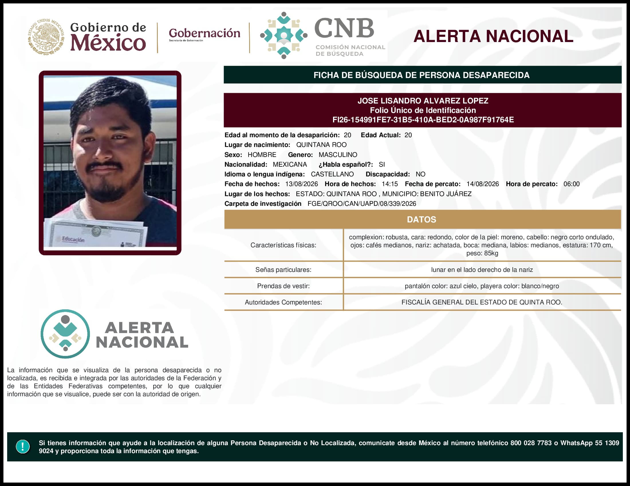 Persona desaparecida Jose Lisandro Alvarez Lopez