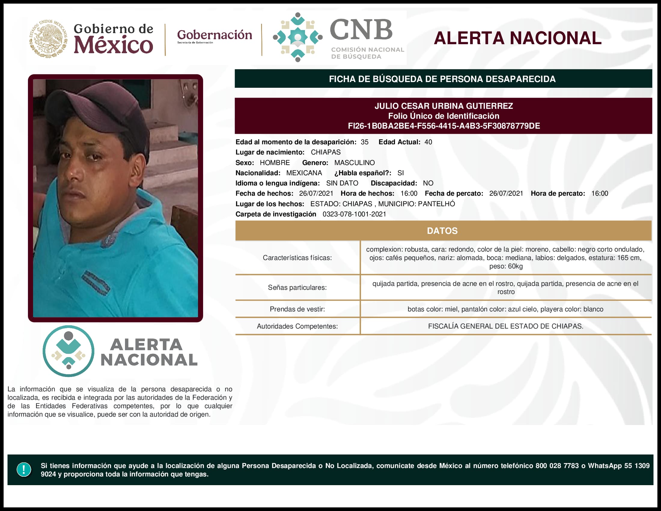 Persona desaparecida Julio Cesar Urbina Gutierrez