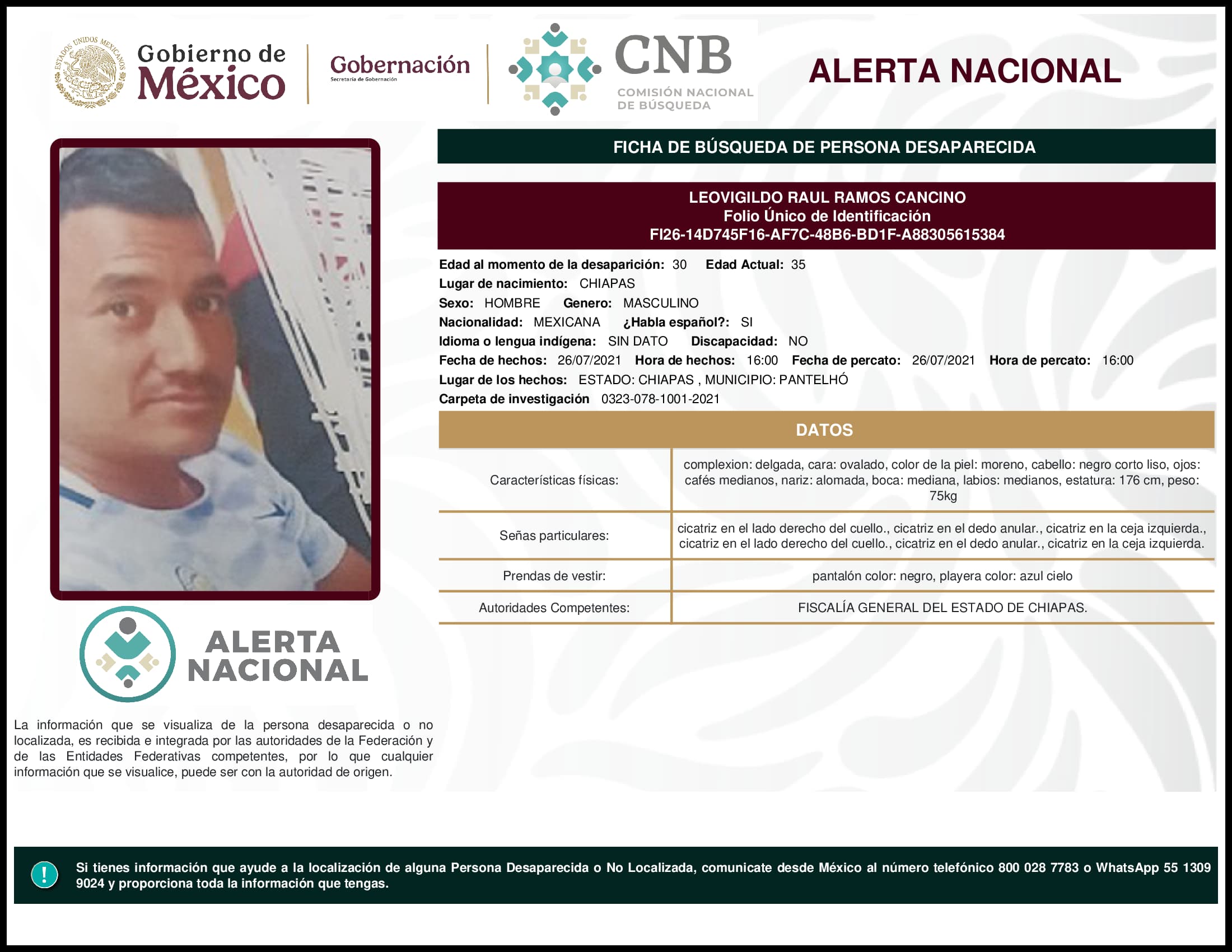 Persona desaparecida Leovigildo Raul Ramos Cancino