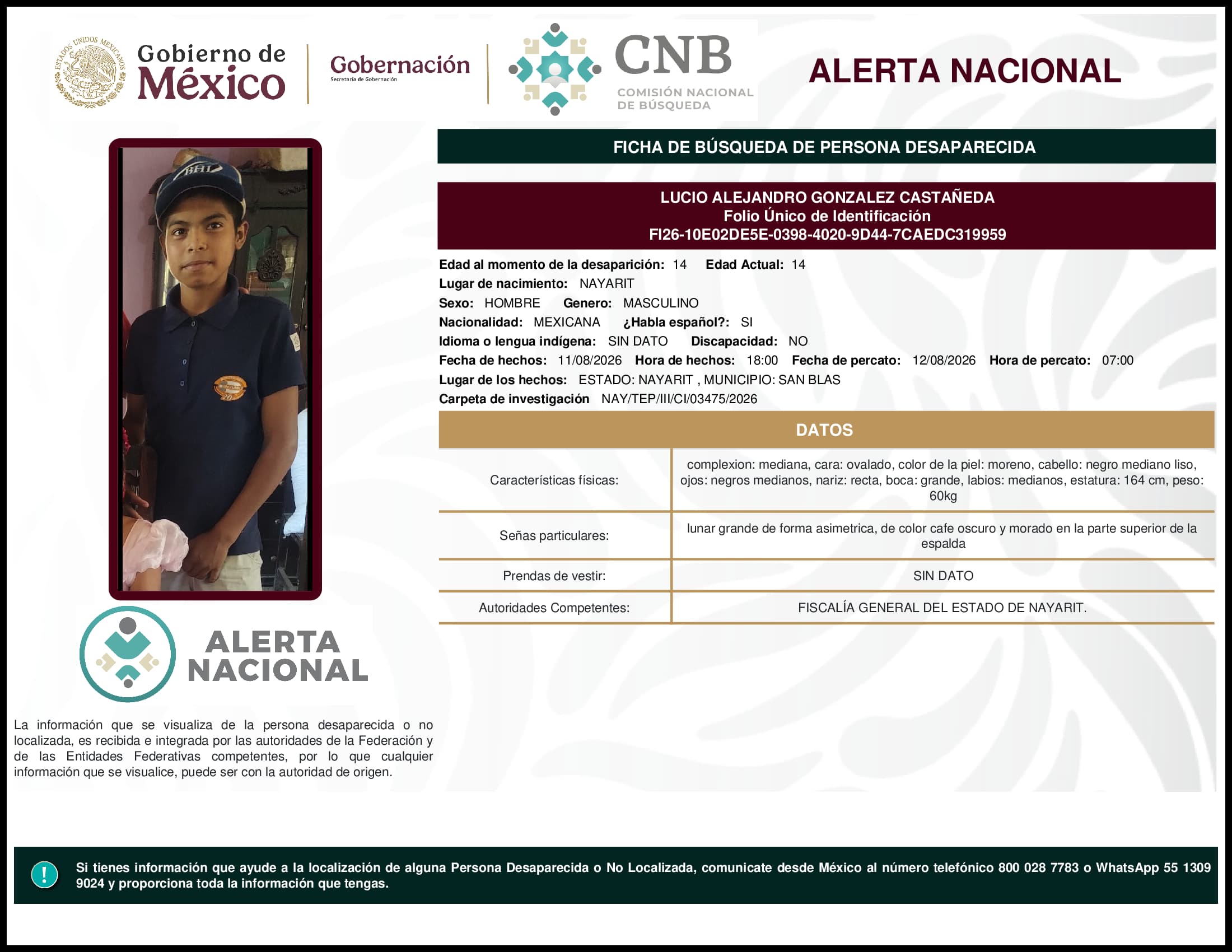 Persona desaparecida Lucio Alejandro Gonzalez Castaneda