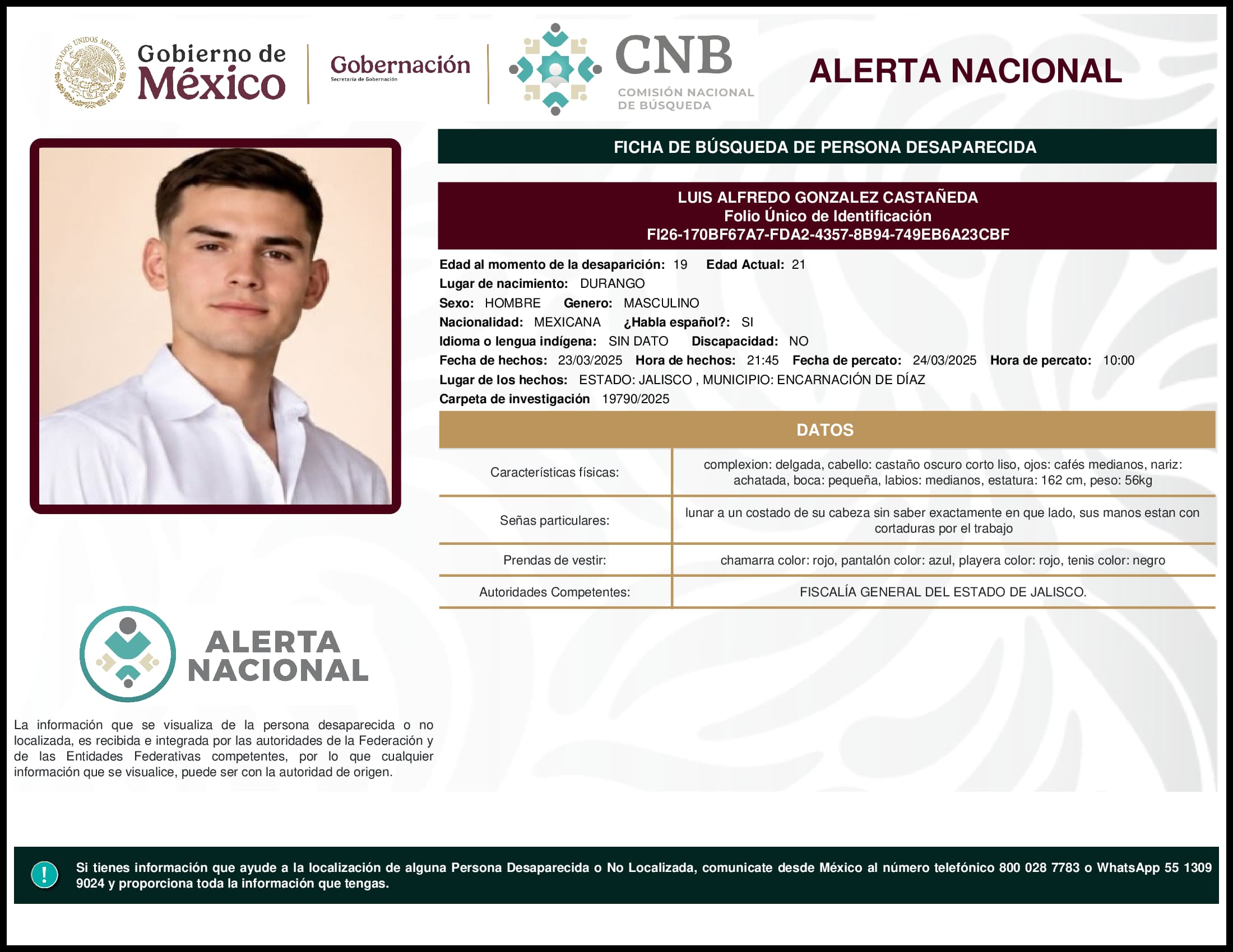 Persona desaparecida Luis Alfredo Gonzalez Castaneda