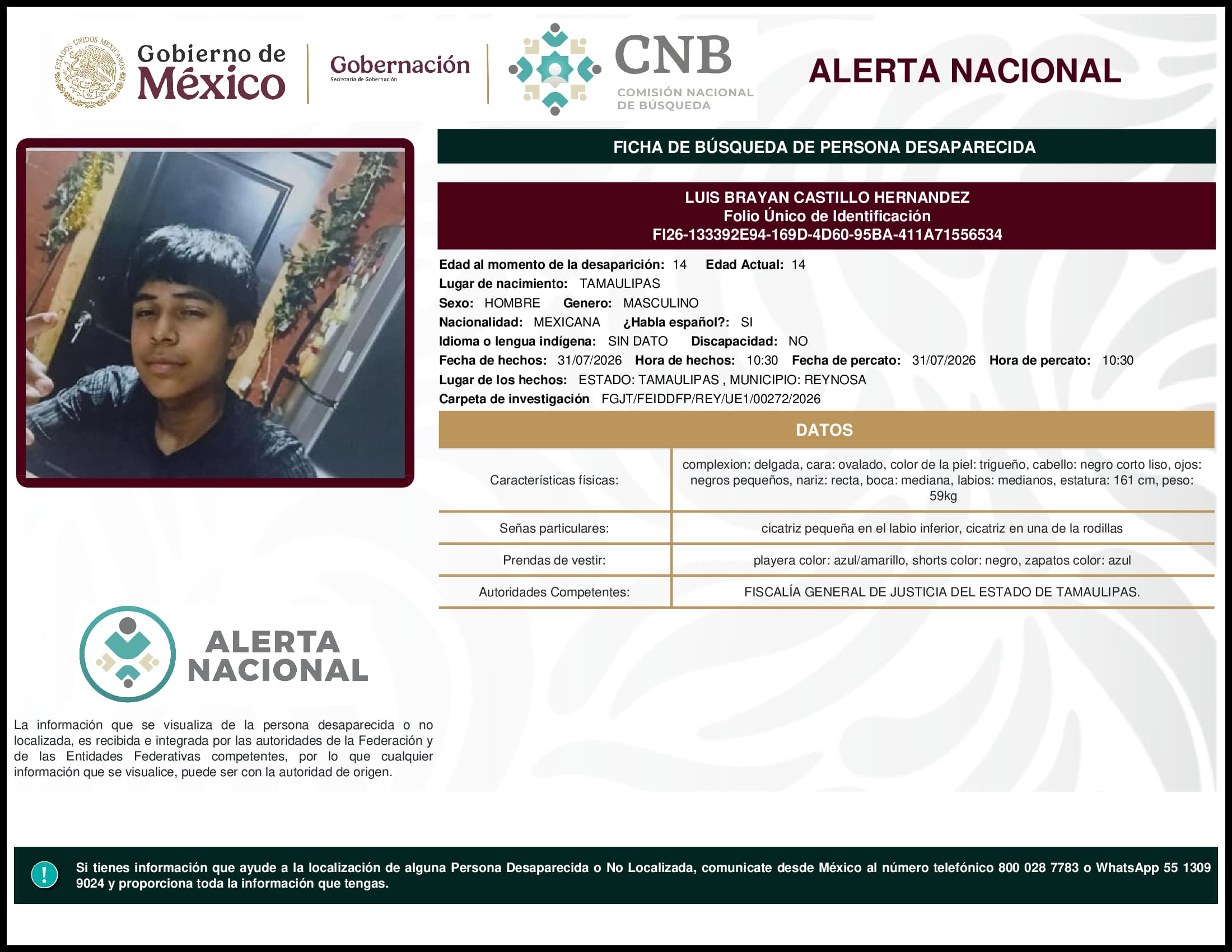 Persona desaparecida Luis Brayan Castillo Hernandez