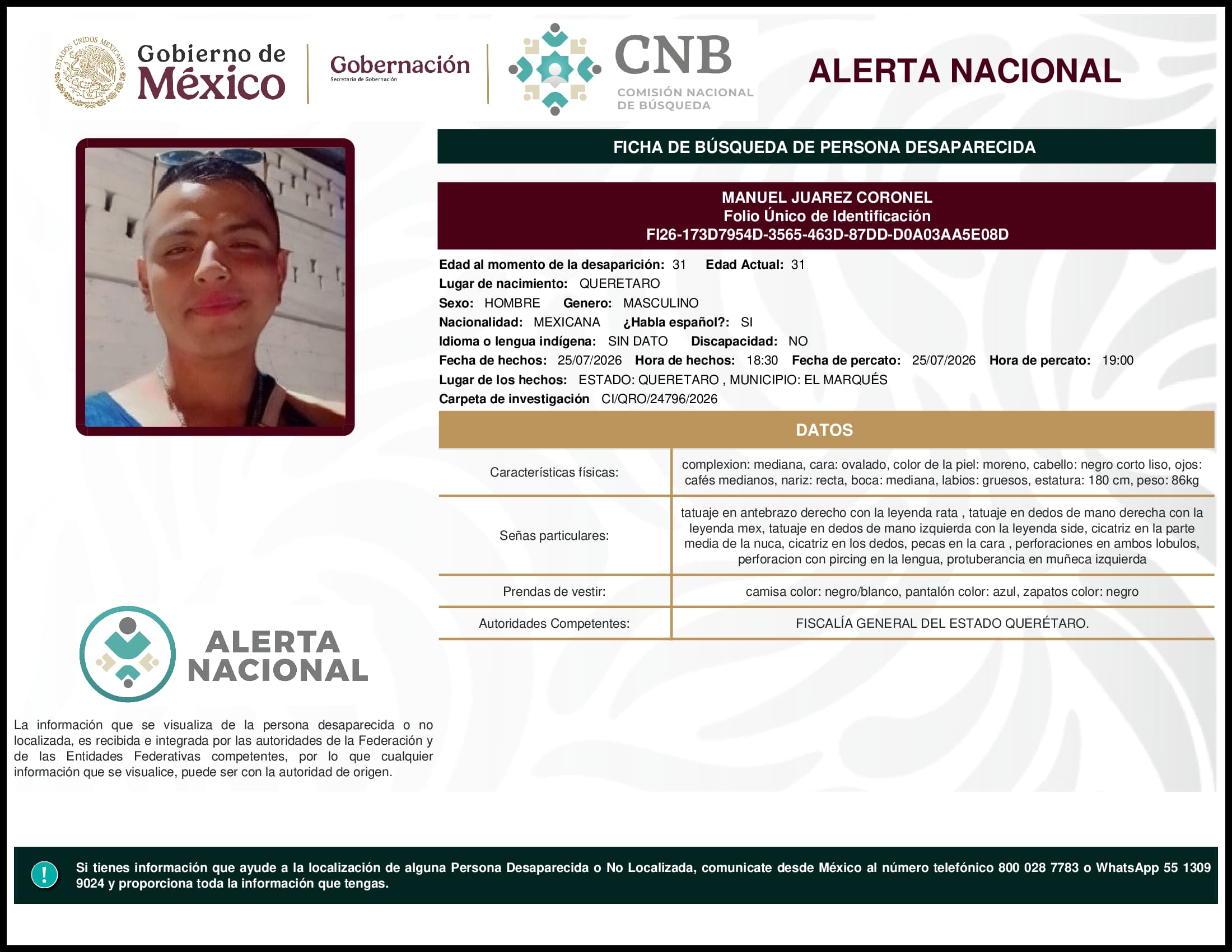Persona desaparecida Manuel Juarez Coronel