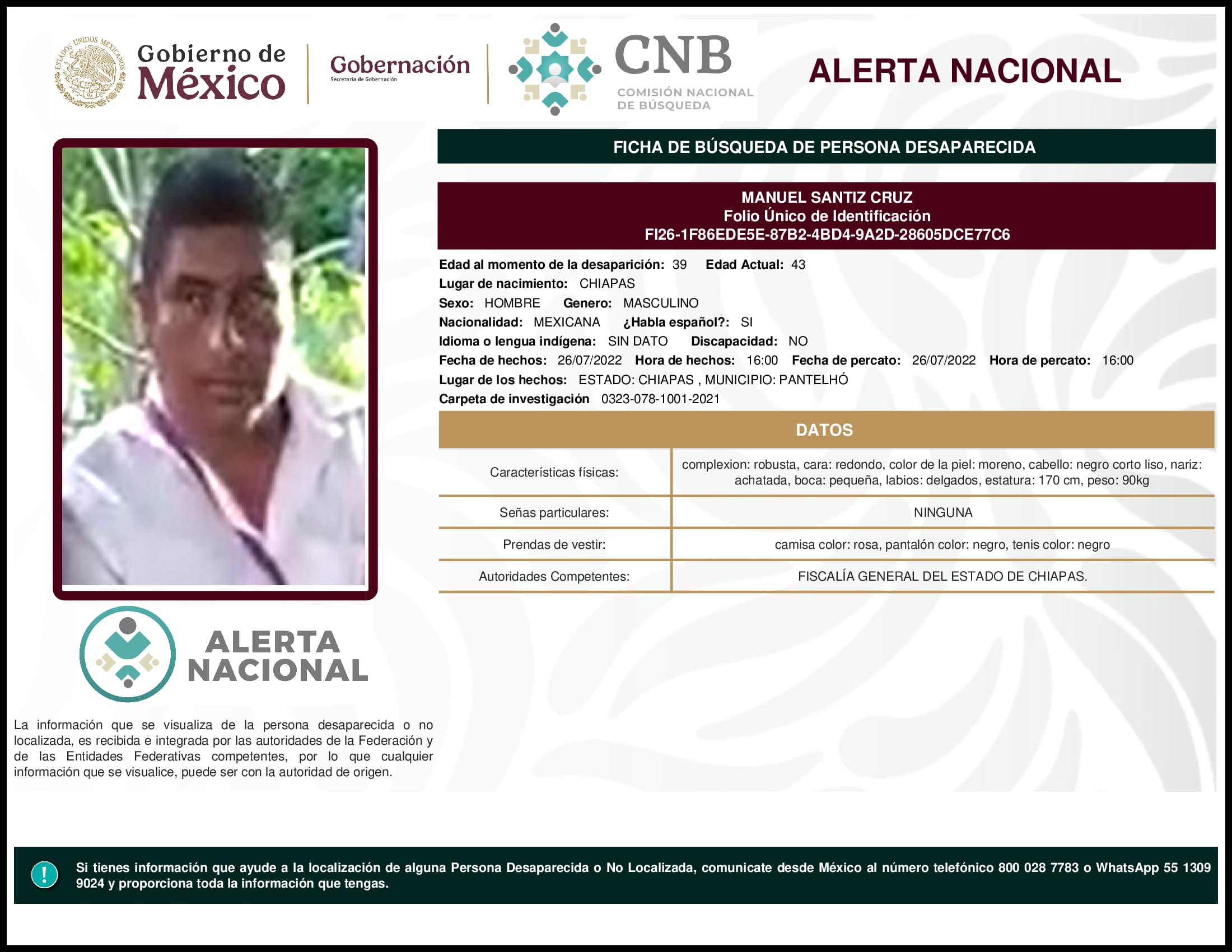 Persona desaparecida Manuel Santiz Cruz