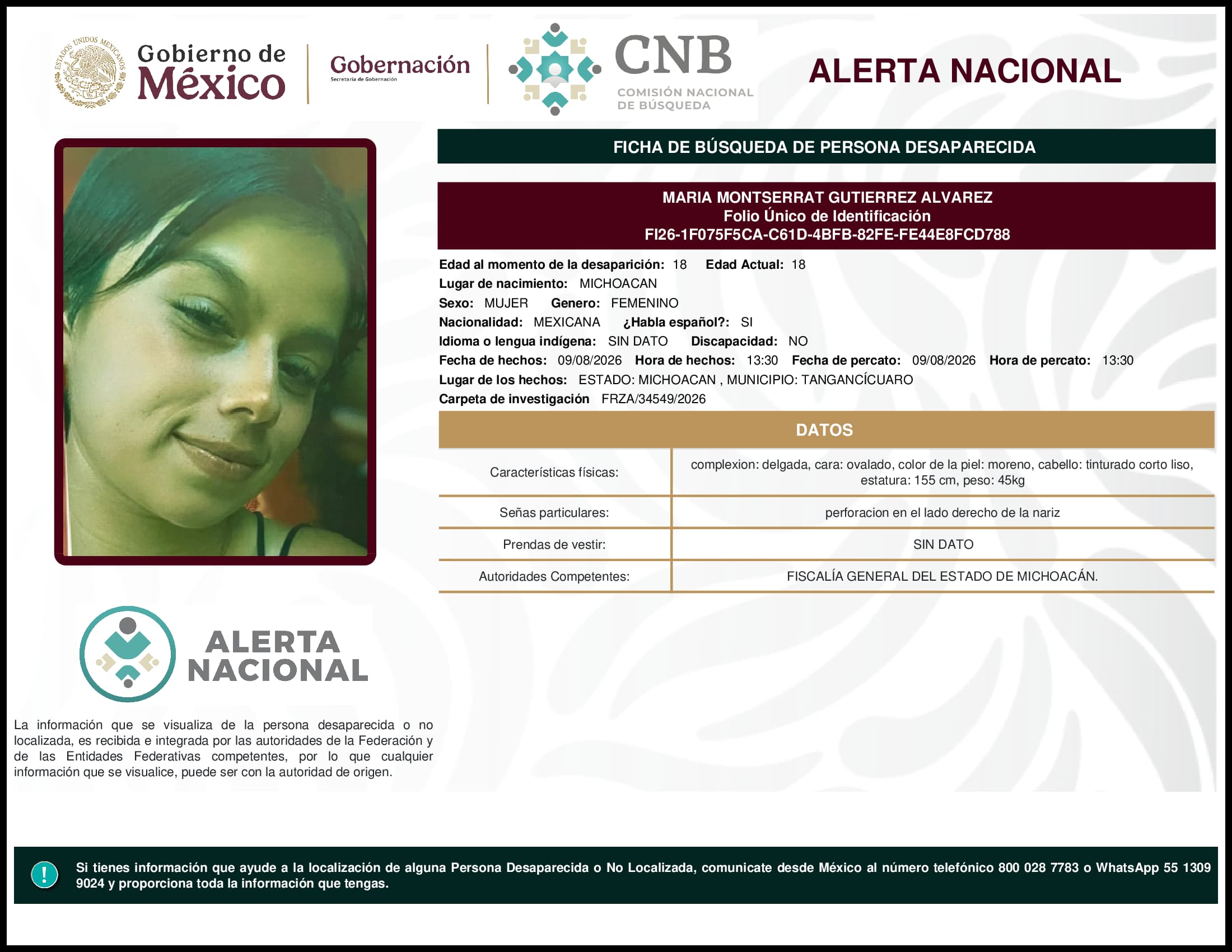 Persona desaparecida Maria Montserrat Gutierrez Alvarez