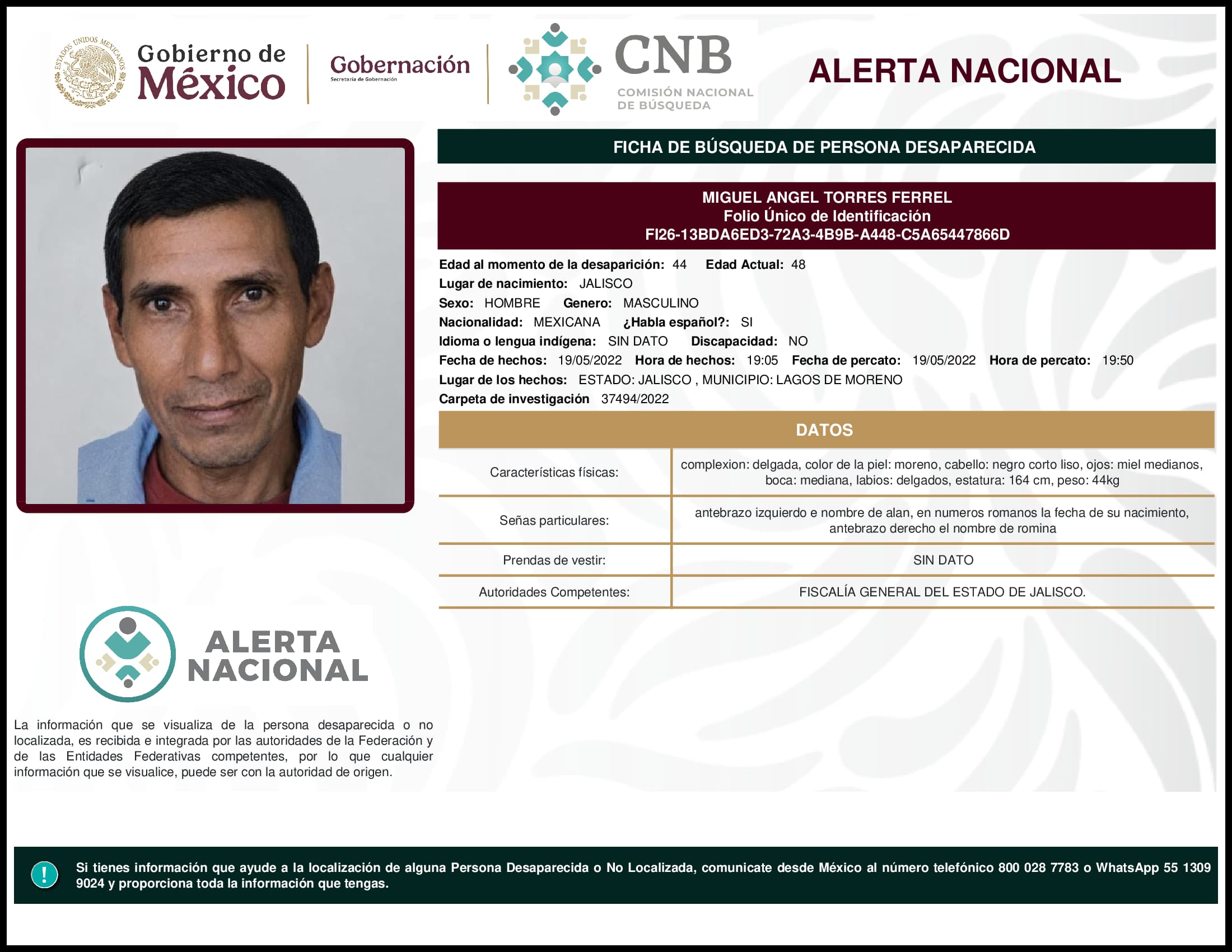 Persona desaparecida Miguel Angel Torres Ferrel
