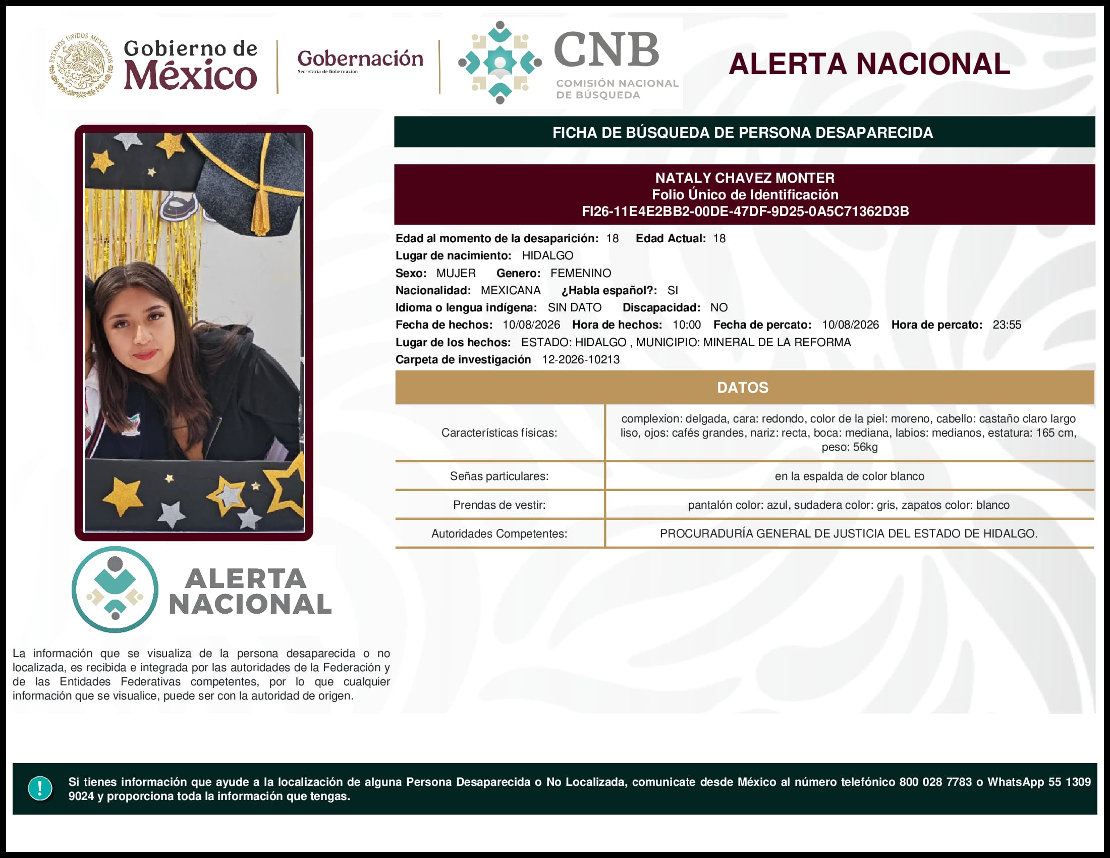 Persona desaparecida Nataly Chavez Monter