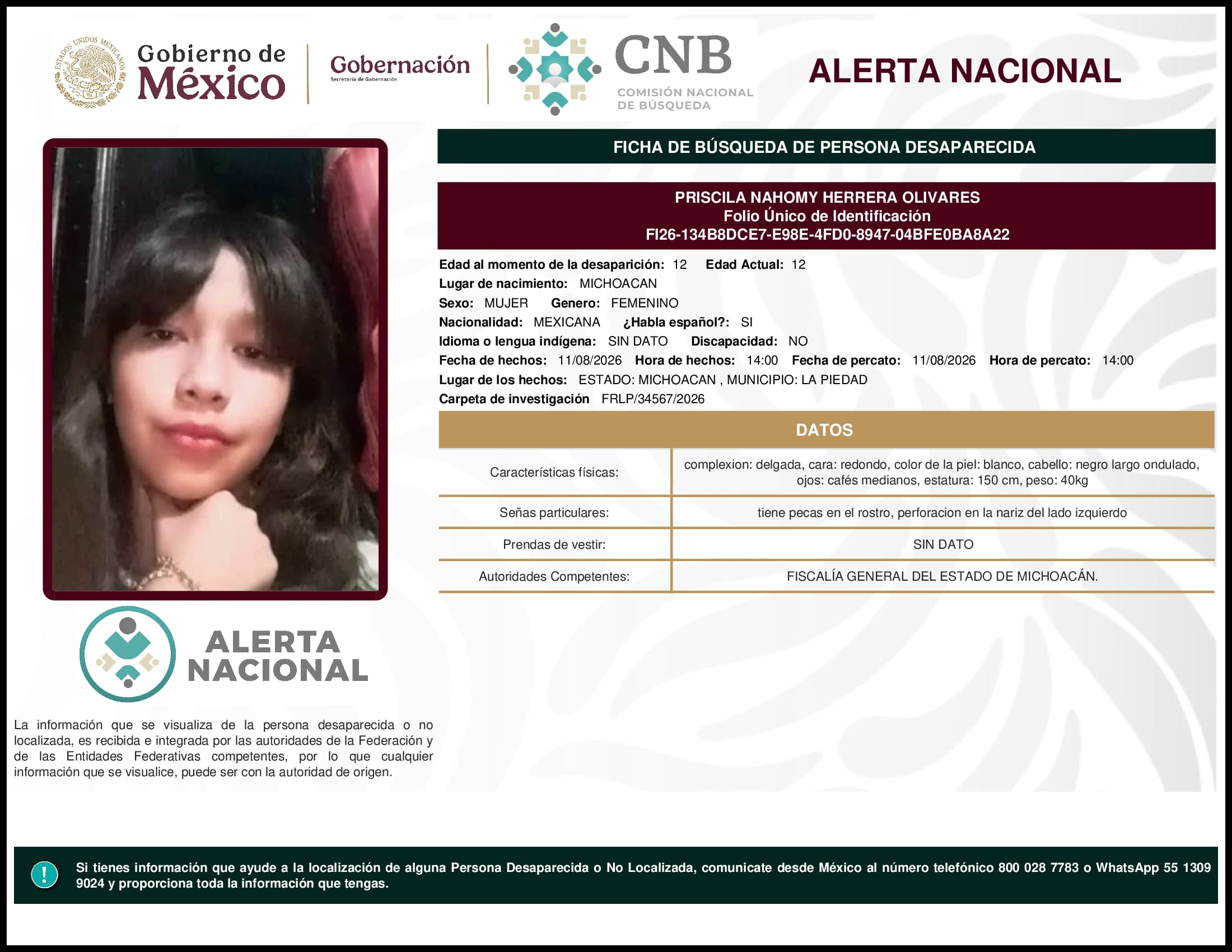 Persona desaparecida Priscila Nahomy Herrera Olivares