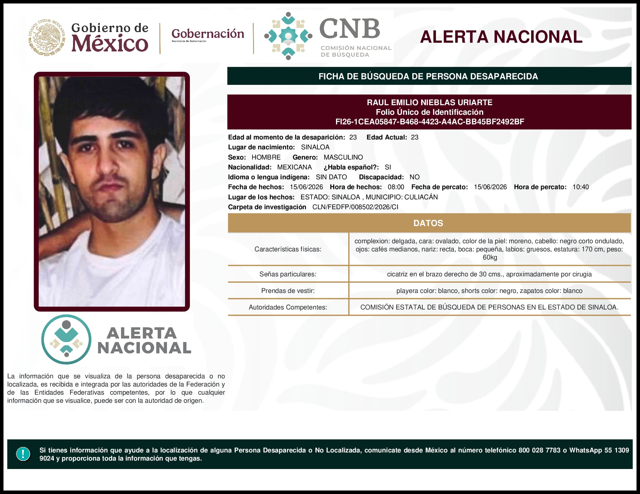 Persona desaparecida Raul Emilio Nieblas Uriarte