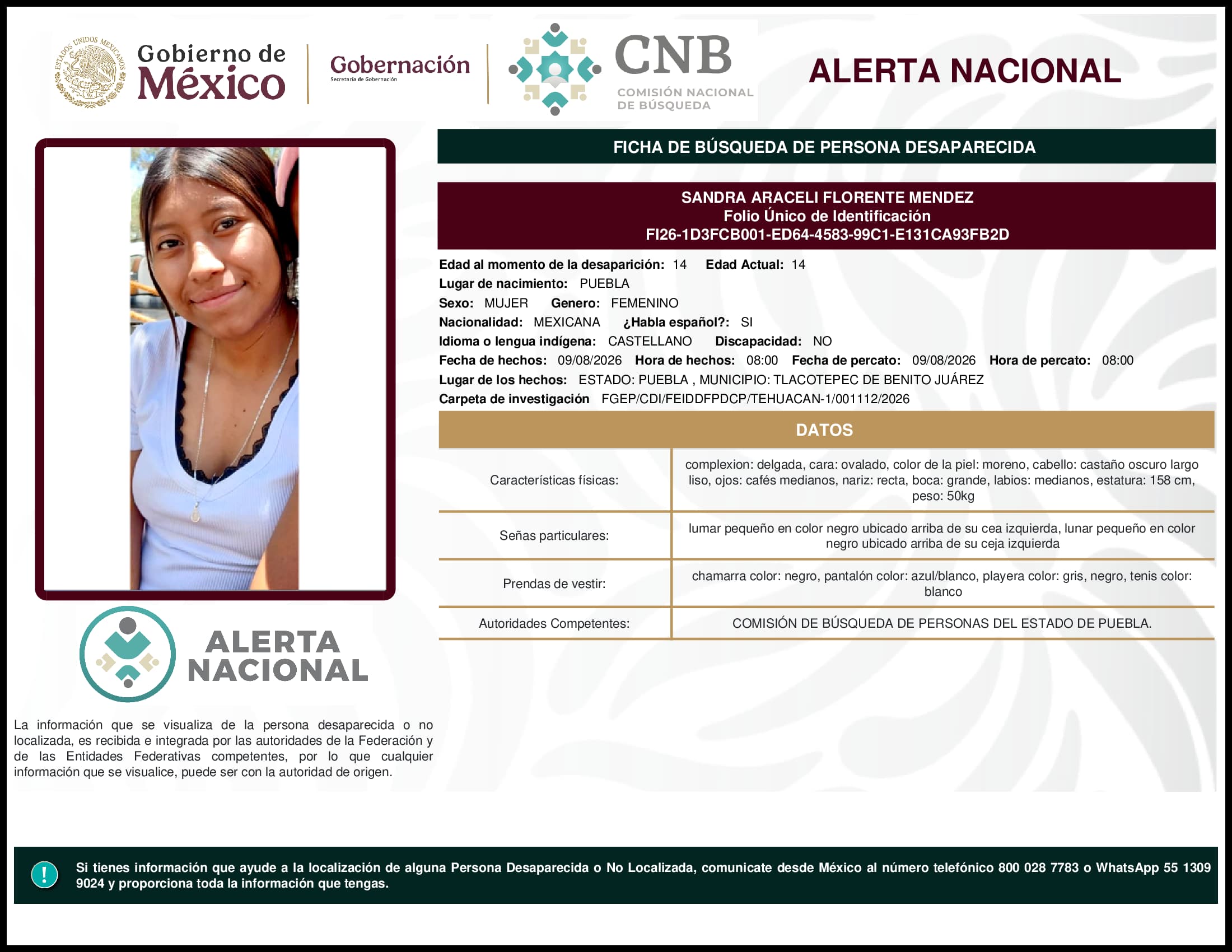 Persona desaparecida Sandra Araceli Florente Mendez