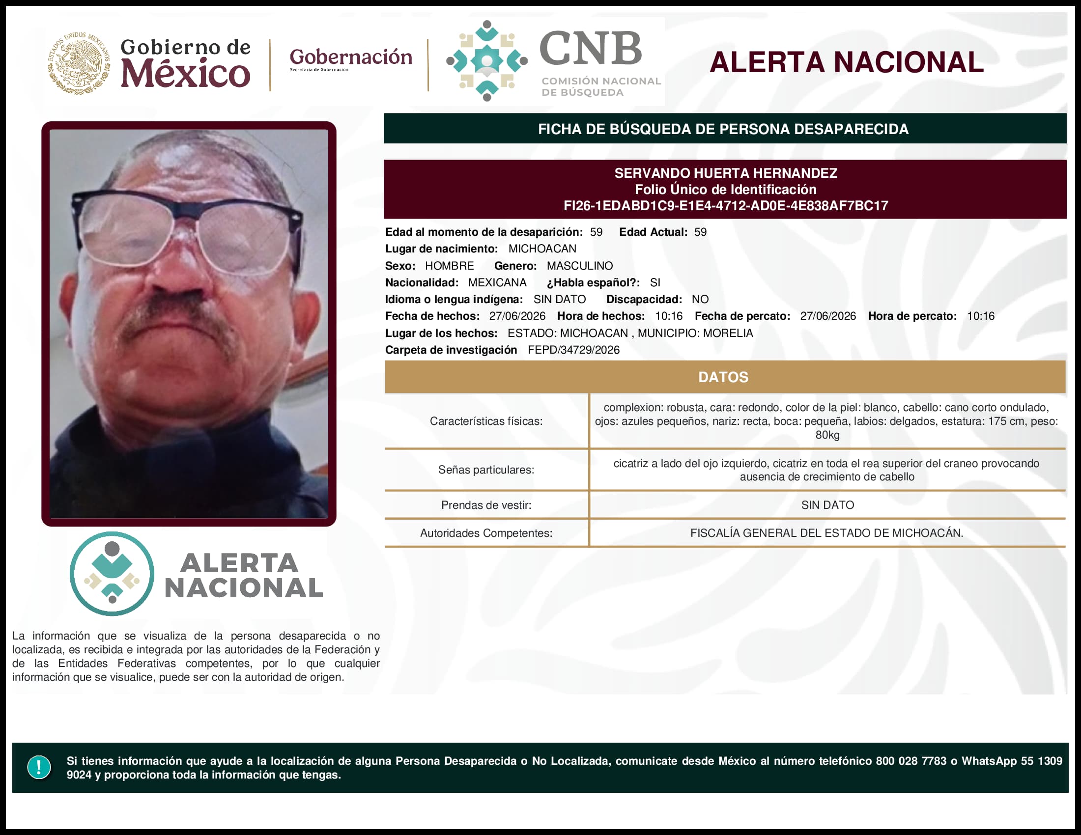 Persona desaparecida Servando Huerta Hernandez
