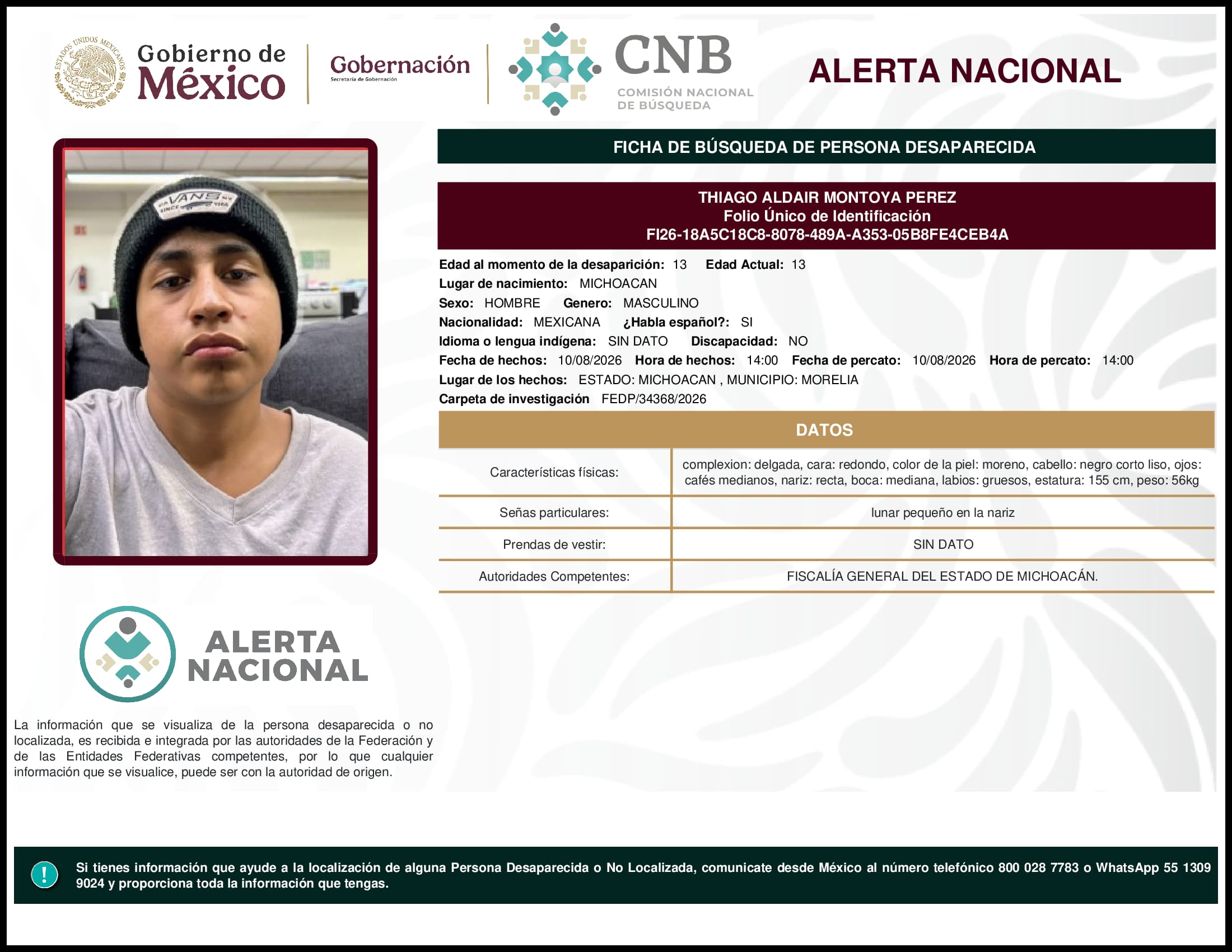Persona desaparecida Thiago Aldair Montoya Perez