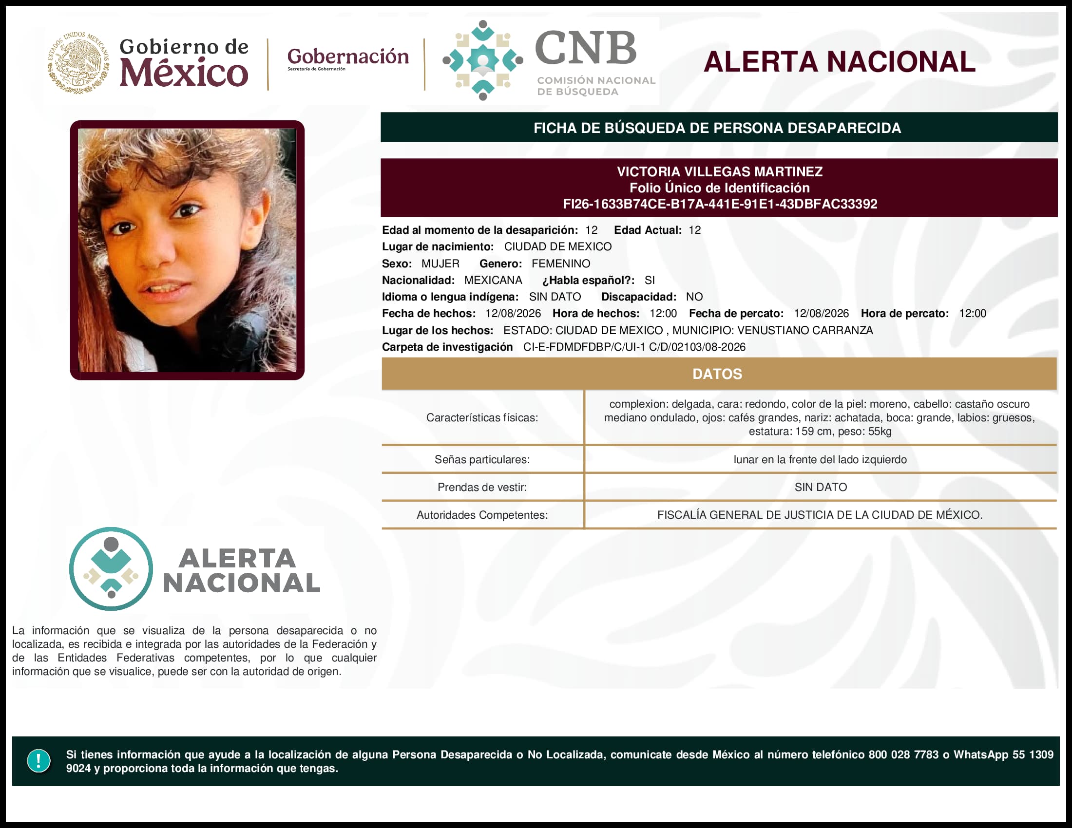 Persona desaparecida Victoria Villegas Martinez