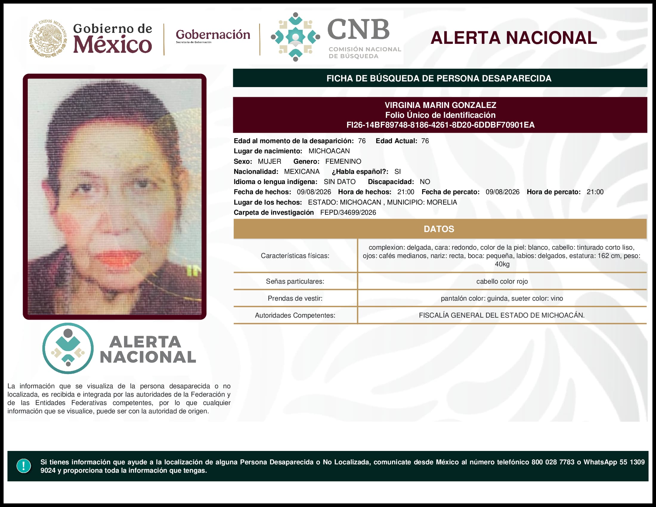 Persona desaparecida Virginia Marin Gonzalez