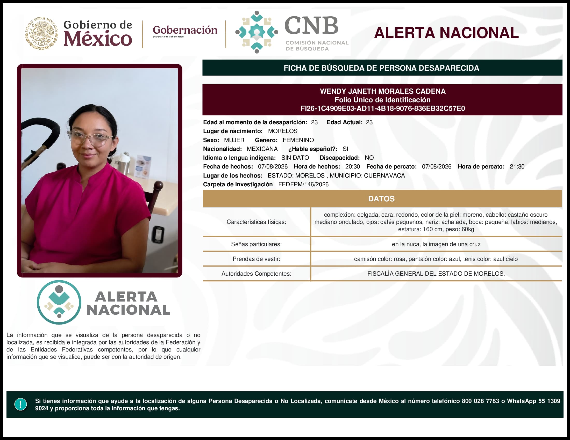 Persona desaparecida Wendy Janeth Morales Cadena